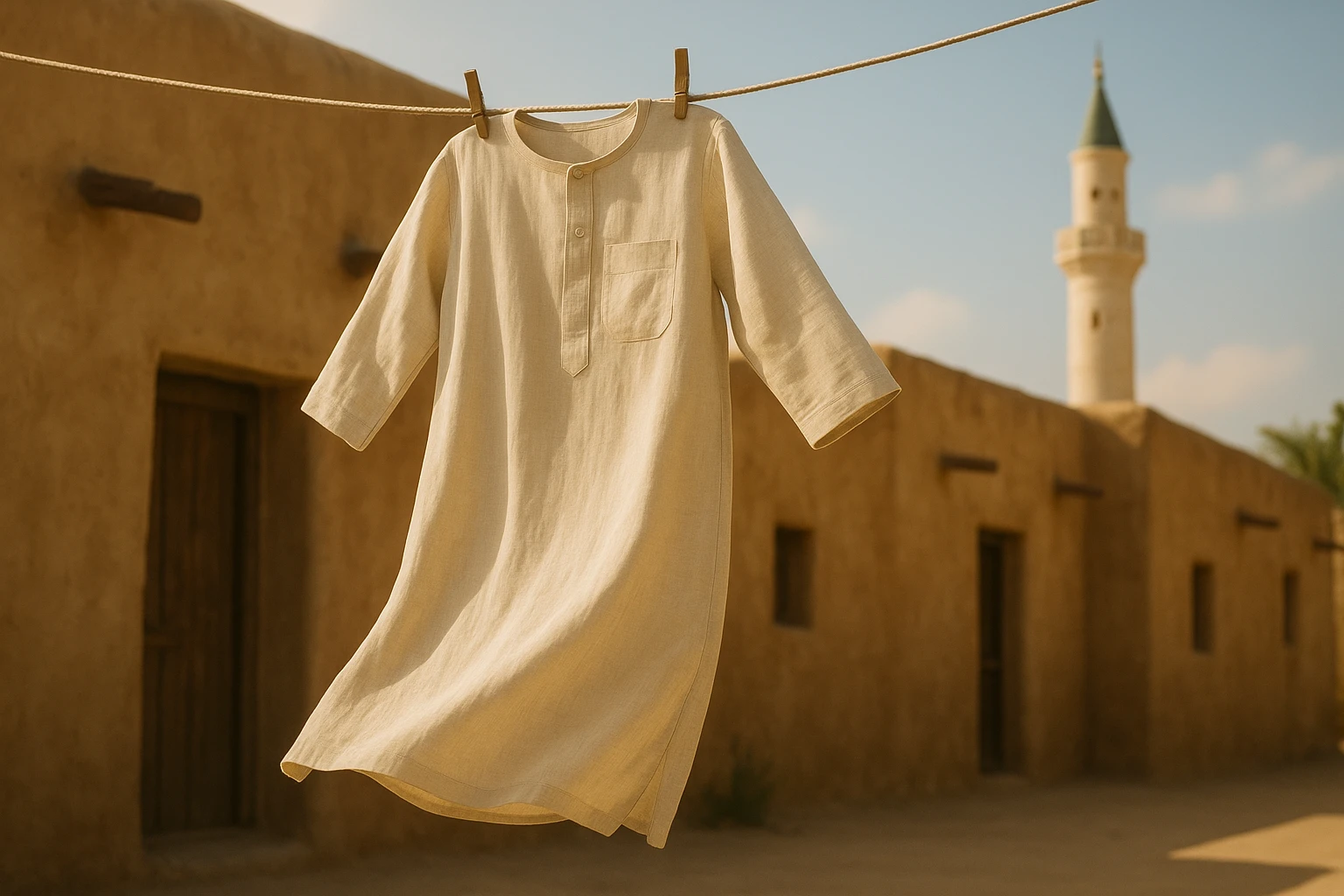 A thobe in soft, breathable linen hanging on a line outside a traditional home, gently swaying in a light breeze under a warm, sunny sky, with a minaret visible in the distant background.