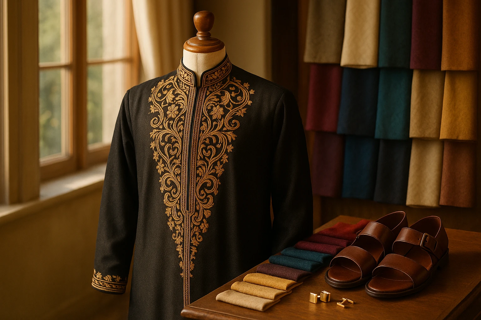 A richly embroidered thobe displayed on a wooden mannequin in a sunlit room, surrounded by swatches of luxurious fabrics in various colors, with polished leather sandals and a set of gold cufflinks laid out on a nearby table.