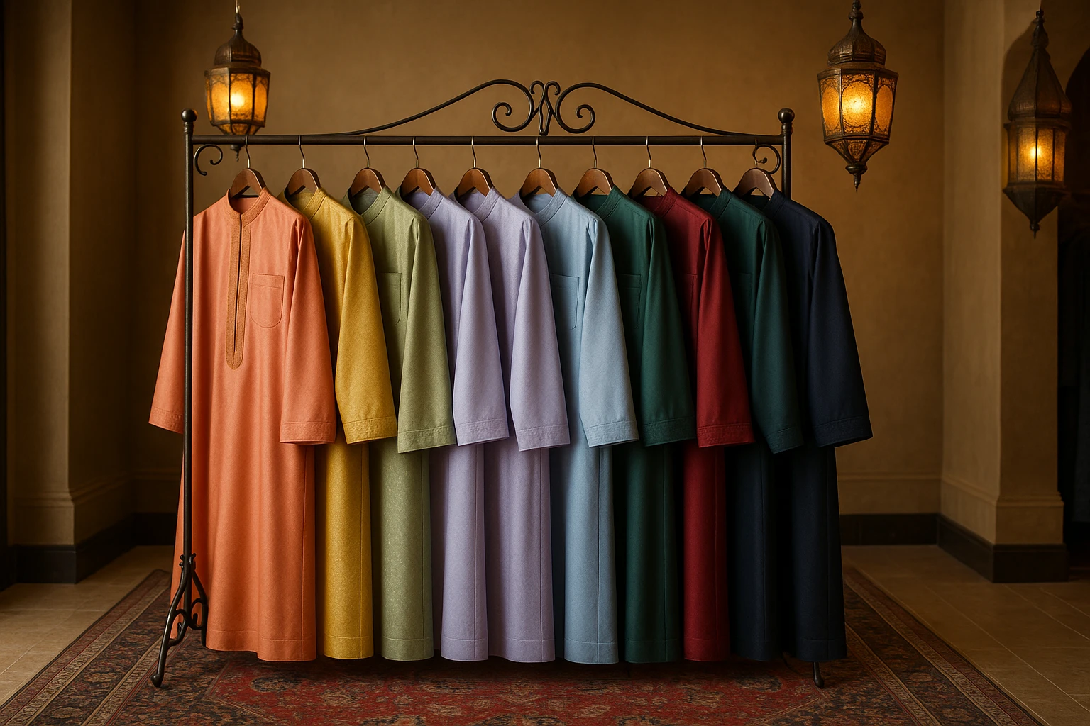 A variety of thobes elegantly hung on a wrought iron clothing rack in an upscale boutique, showcasing an array of vibrant colors and luxurious fabrics like shimmering brocade and supple silk, with a plush Persian carpet underfoot and decorative hanging lanterns casting a warm glow.
