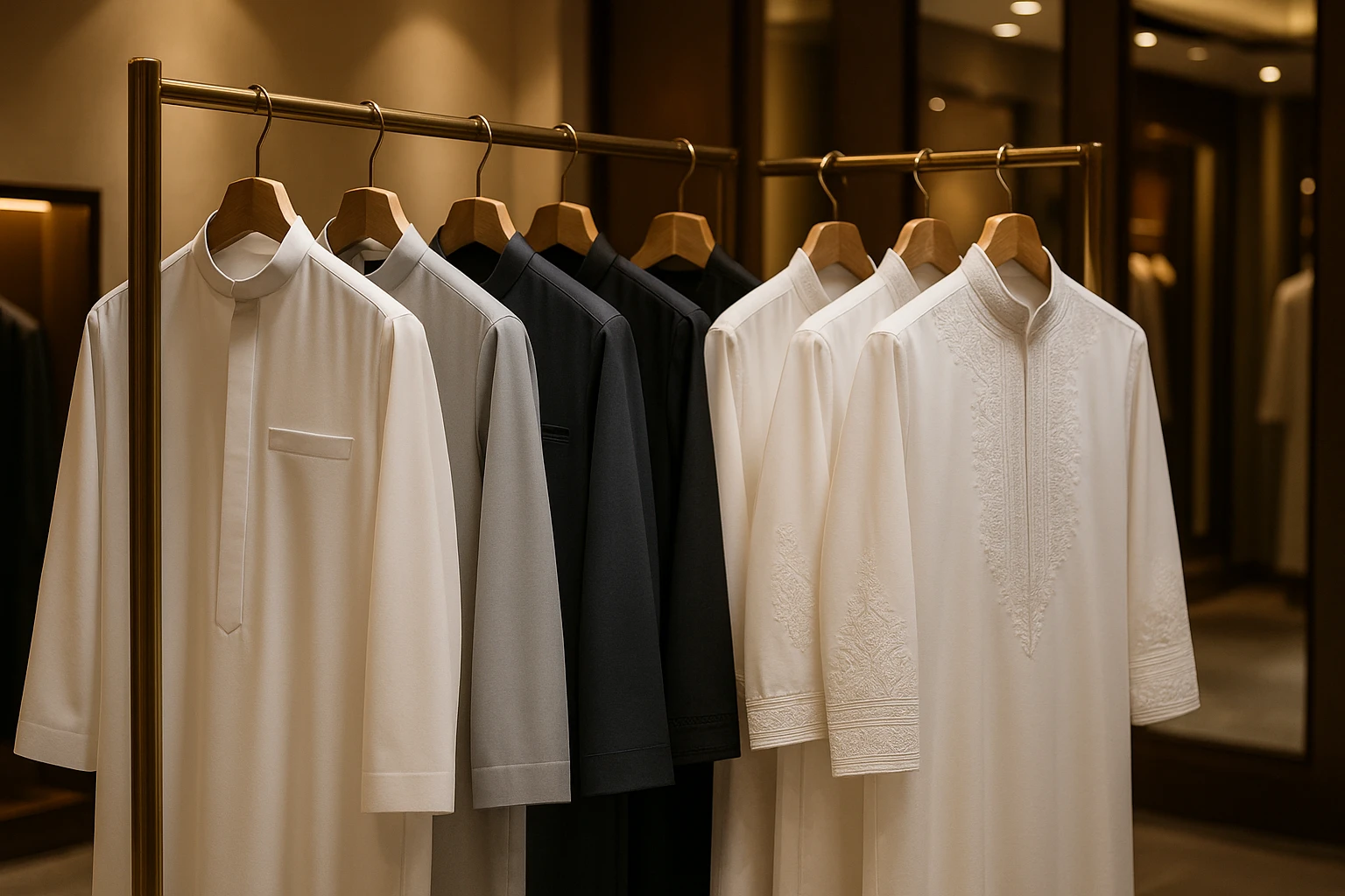 Modern thobes displayed on a rack, featuring sleek, minimalist designs with innovative cuts and subtle embellishments, contrasted by traditional thobes with intricate embroidery and classic silhouettes, set in an upscale boutique illuminating the blend of heritage and contemporary fashion.