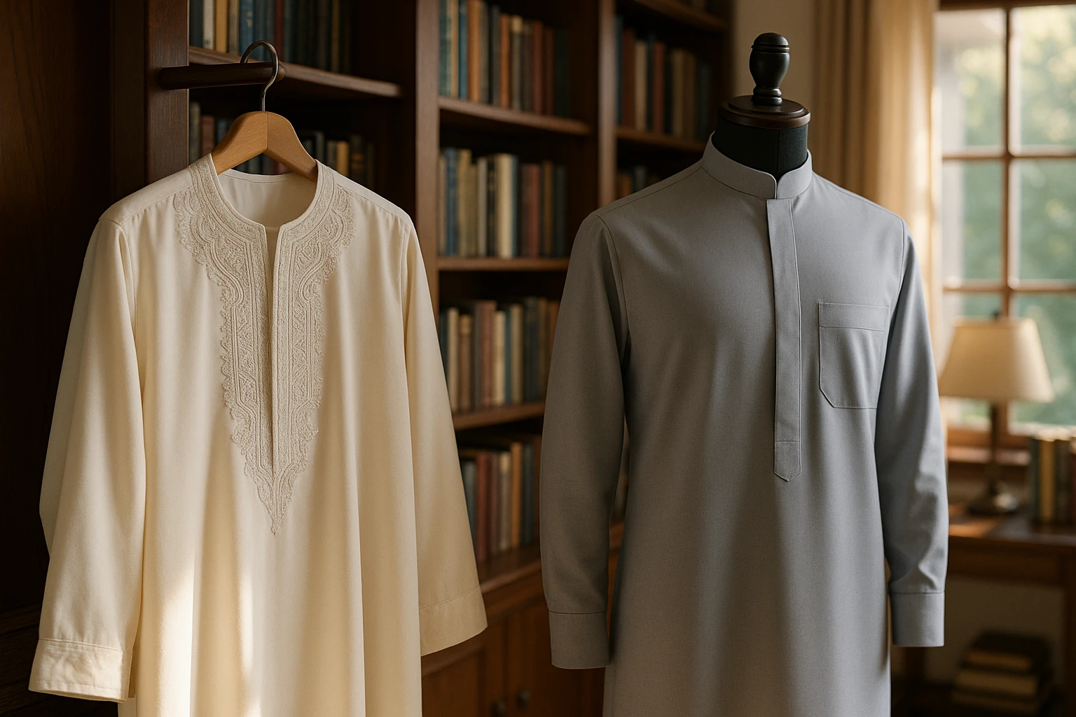 A well-crafted traditional thobe with detailed embroidery is draped elegantly over a wooden hanger in a sunlit room, beside a sleek, modern thobe displayed on a mannequin, set in a cozy book-lined study that highlights the harmony of tradition and modern elegance.