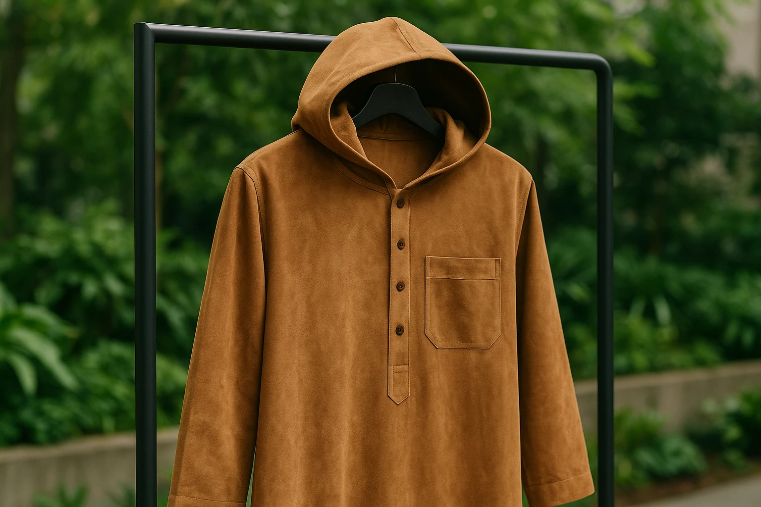 A close-up of a stylish hooded suede thobe hanging on a minimalist clothing rack, set against a backdrop of lush greenery in an outdoor urban garden, highlighting its modern design and appeal among fashion-forward youth.
