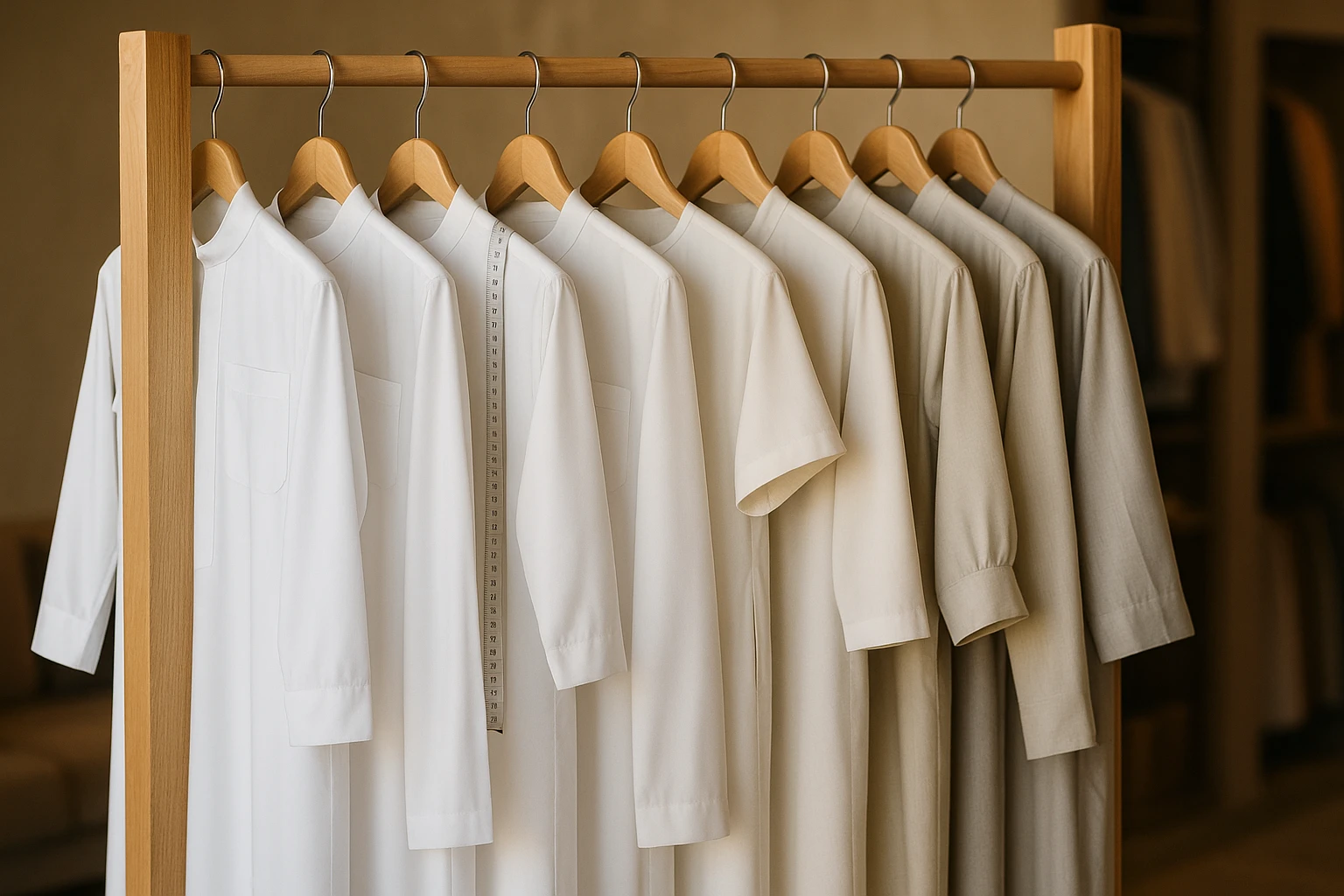Dans une boutique de vêtements, une variété de thobes sont soigneusement suspendues à un portant en bois, présentant différentes longueurs et différents modèles de manches, avec un mètre ruban posé sur l'un d'eux pour souligner l'importance du choix de la taille.