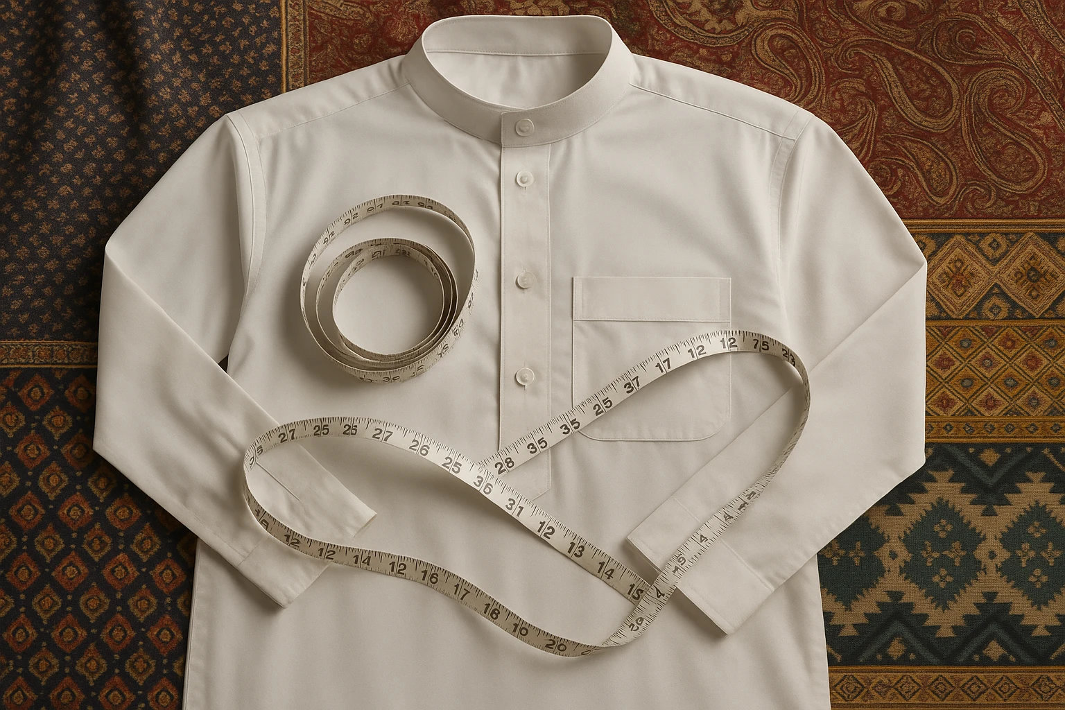 Gros plan détaillé d'un thobe étalé à plat, avec un ruban à mesurer flexible enroulé autour de la poitrine et de la manche, sur un fond de différents tissus représentant des motifs textiles du Moyen-Orient, d'Asie du Sud et d'Afrique du Nord.
