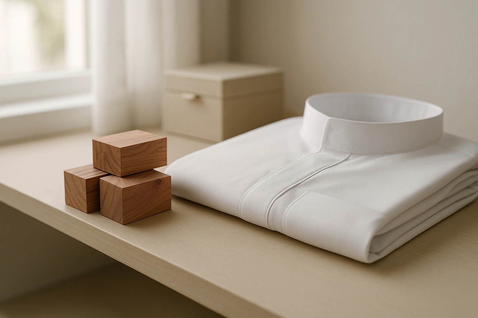 Gros plan sur des blocs de cèdre posés sur une étagère à côté d'un thobe soigneusement plié, dans une pièce minimaliste et aérée baignée de lumière naturelle par une fenêtre, mettant en valeur la texture lisse du tissu et une petite boîte de rangement élégante en arrière-plan.
