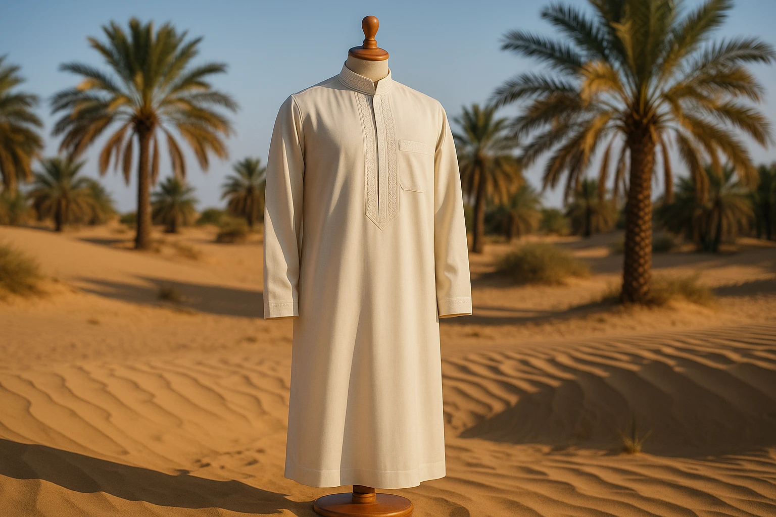 Eine elegant auf einer hölzernen Schaufensterpuppe im Freien präsentierte Thobe, umgeben von Wüstensand und Palmen, deren dezente Stickereidetails vom Sonnenlicht hervorgehoben werden und das kulturelle Erbe widerspiegeln.