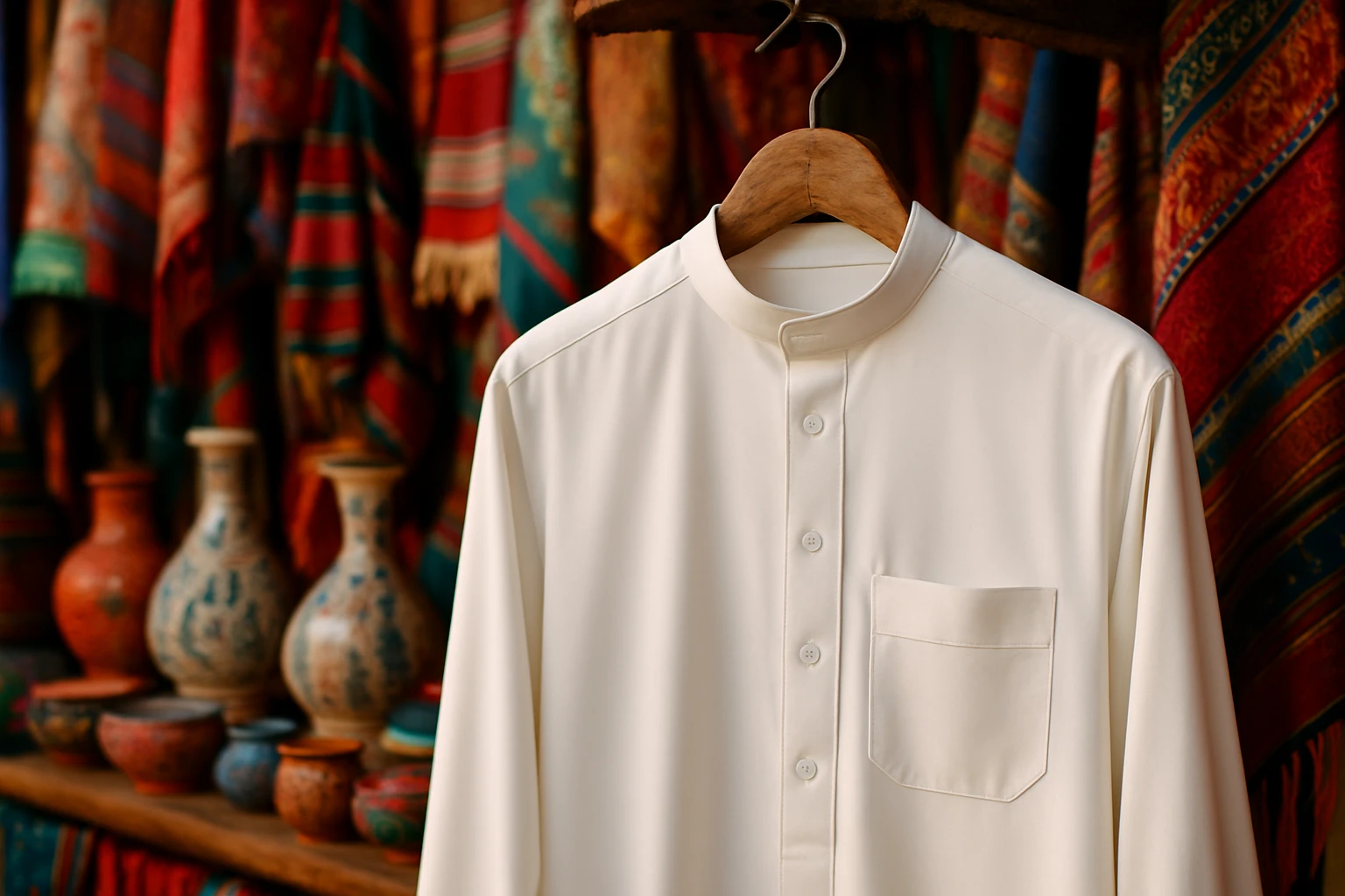 Eine Nahaufnahme einer Thobe, die an einem rustikalen Holzkleiderbügel in einem lebhaften Marktstand hängt, umgeben von farbenfrohen Textilien und traditioneller Keramik aus dem Nahen Osten, unterstreicht die Wertschätzung für die jeweilige Kultur.