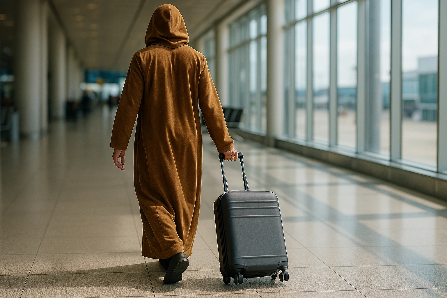 Eine Reisende, gehüllt in eine Wildleder-Thobe mit Kapuze, schlendert durch ein Flughafenterminal und zieht mühelos einen eleganten, knitterfreien Koffer hinter sich her; der Wildlederstoff dehnt sich bei jeder Bewegung sanft und sorgt so für mehr Komfort.