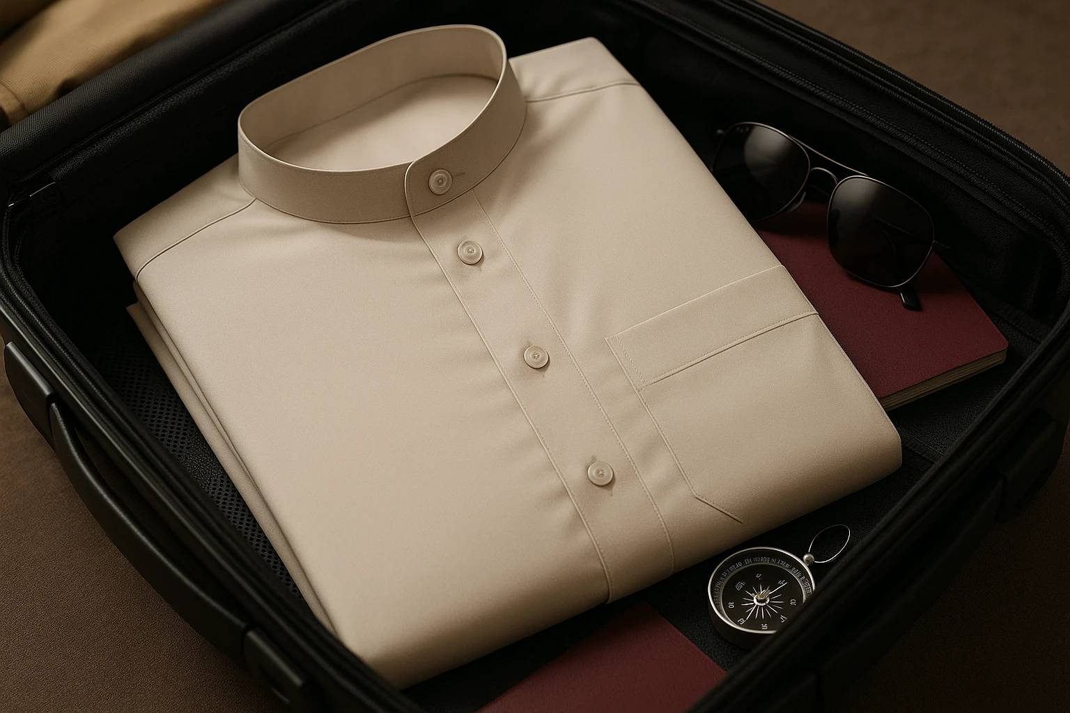 Auf einem offenen Koffer liegt eine ordentlich gefaltete, knitterfreie Thobe aus einem Hightech-Gewebe, umgeben von Reiseutensilien wie Kompass, Sonnenbrille und Reisepass – ein Spiegelbild eines gut vorbereiteten Reisenden, der bereit für ein Abenteuer ist.
