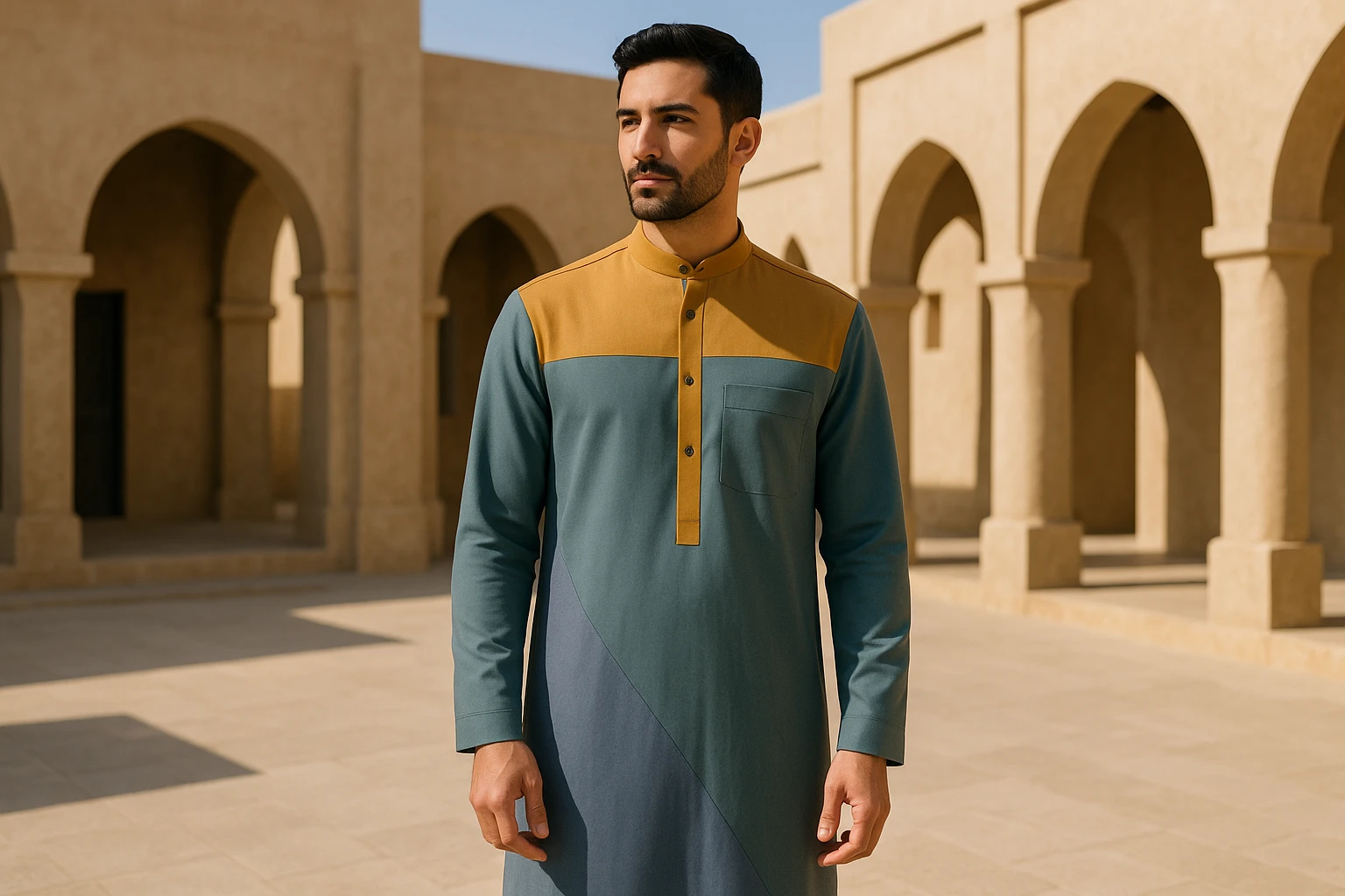 Ein Mann steht selbstbewusst in einem sonnendurchfluteten Innenhof, gekleidet in eine Thobe mit modernen Schnitten und minimalistischen Details, umgeben von sandfarbenen Bögen, die an architektonische Einflüsse aus der Golfregion erinnern, während sein Ensemble eine Mischung aus gedeckten und lebendigen Farben aufweist, die aktuelle Trends widerspiegeln.