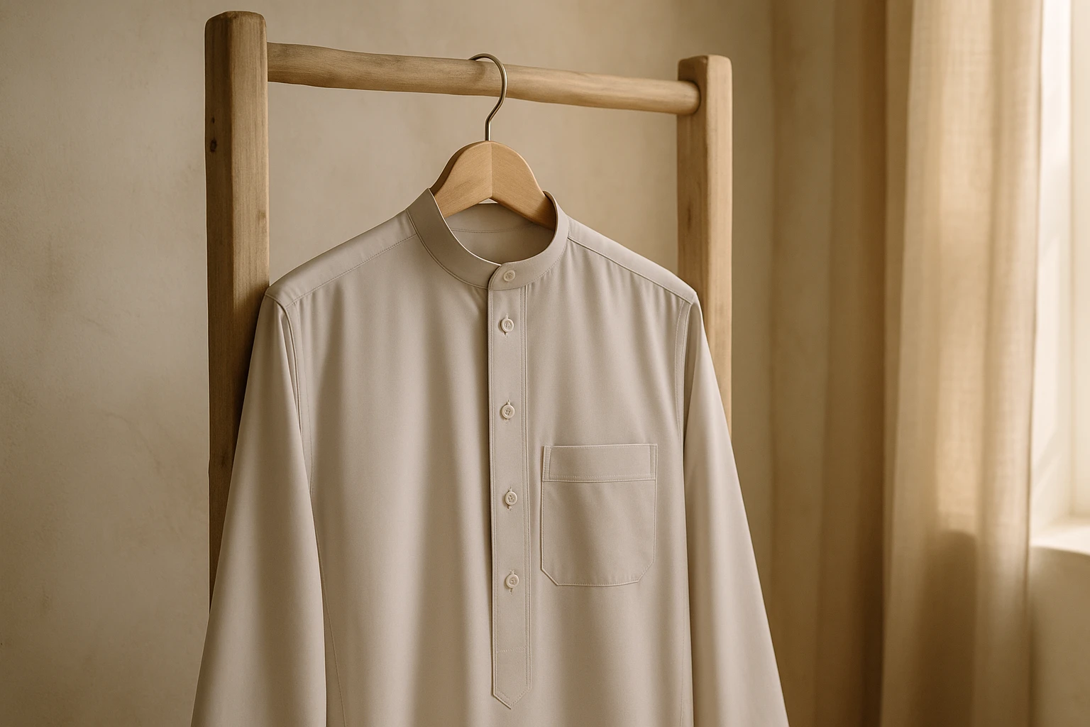 Eine Nahaufnahme eines Thobe, der in einem sonnendurchfluteten Raum an einem minimalistischen, rustikalen Holzgestell hängt, hebt die feinen Nähte und das schlichte, elegante Design des Kleidungsstücks hervor; sanfte, neutrale Töne spiegeln die neuesten Farbtrends wider, die von der Golf-Mode beeinflusst sind.