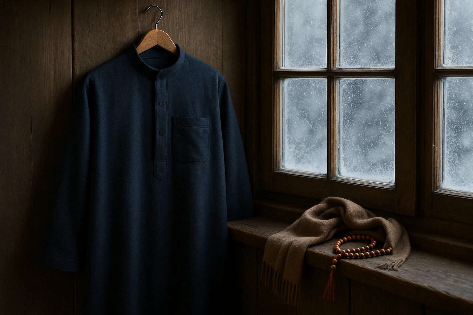 Un thobe en laine douillet, élégamment drapé sur un cintre en bois rustique près d'une fenêtre givrée, d'un bleu marine profond qui évoque la chaleur des soirées d'hiver britanniques pendant le Ramadan. Une douce écharpe en laine et un chapelet à pompons reposent à proximité, renforçant cette impression de confort et de recueillement.