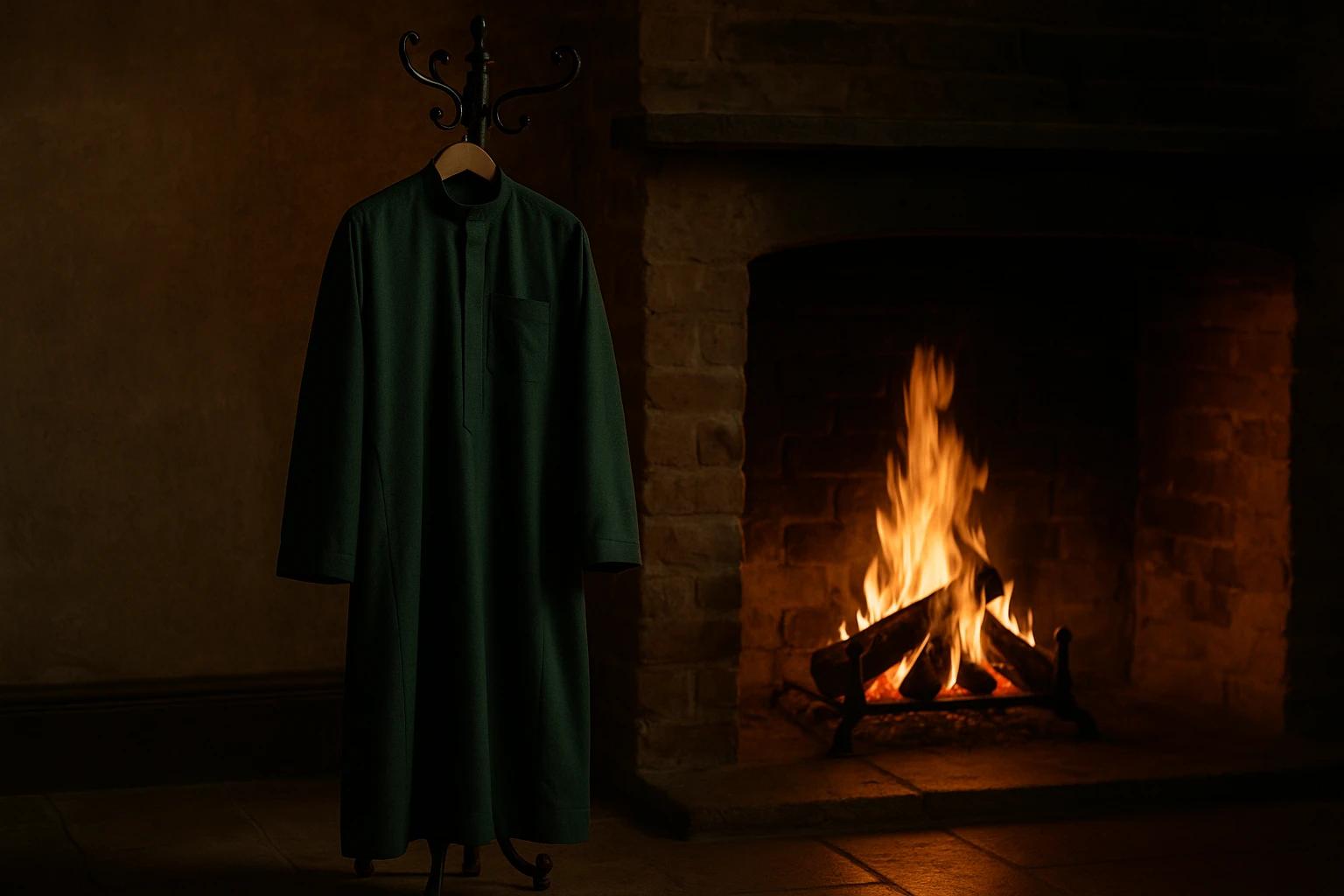 Un thobe vert forêt, confectionné dans un tissu épais et luxueux, est suspendu à un porte-manteau en fer forgé à côté d'une cheminée flamboyante, dont les flammes projettent des ombres chaudes, créant une atmosphère chaleureuse et élégante pour une soirée d'hiver du Ramadan en Angleterre.