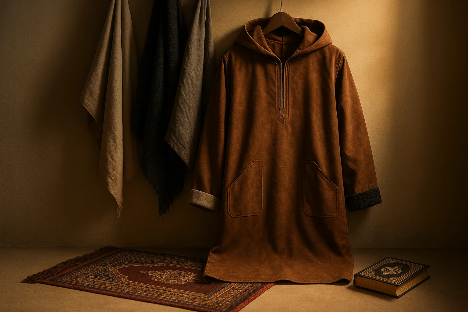 Unter warmem Licht hängt eine elegante Wildleder-Thobe mit Kapuze, daneben drapiert sind kontrastierende leichte und schwere Winterstoffe; ein Gebetsteppich und ein Koran in der Nähe erinnern an die spirituelle Atmosphäre des Ramadan.