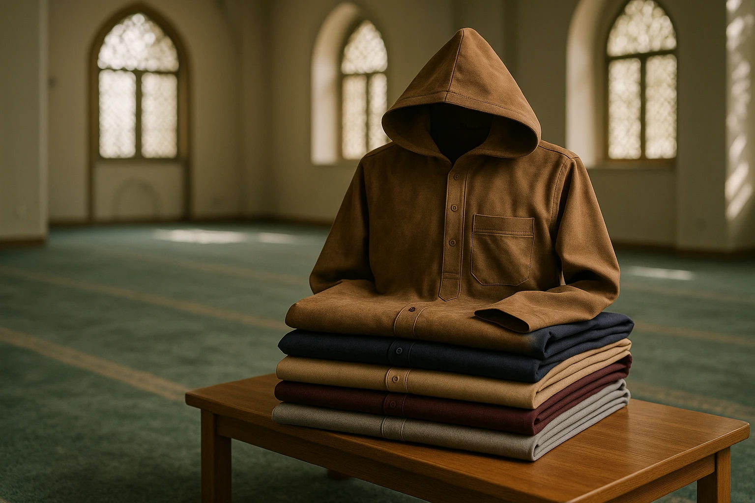 Das Innere einer Moschee wirkt beschaulich, mit einem weichen Teppichboden und einem Stapel verschiedener Thobes, die auf einer niedrigen Holzbank ausgestellt sind; die Wildleder-Thobe mit Kapuze liegt obenauf, umgeben von natürlichem Licht, das durch verzierte Fenster fällt.