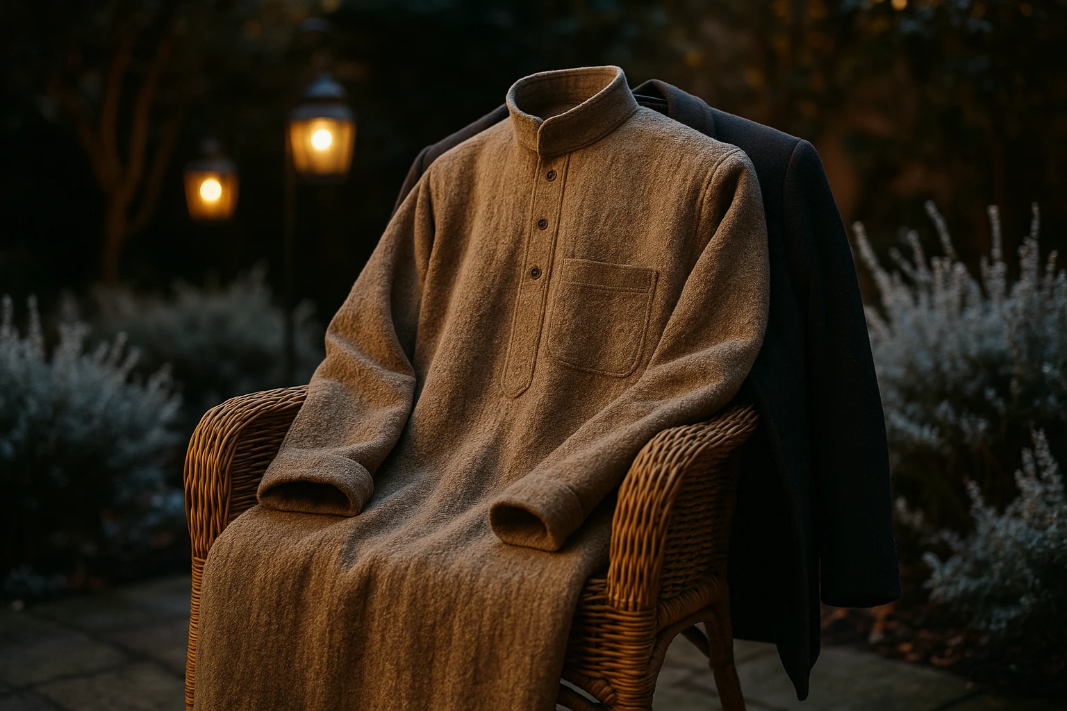 A thick, richly textured winter thobe is draped over a woven wicker chair, set in an outdoor garden patio under soft, glowing lanterns. The thobe’s long sleeves are elegantly cuffed, complemented by a layered dark jacket hanging on the chair’s back, with frost-tipped plants visible in the background.