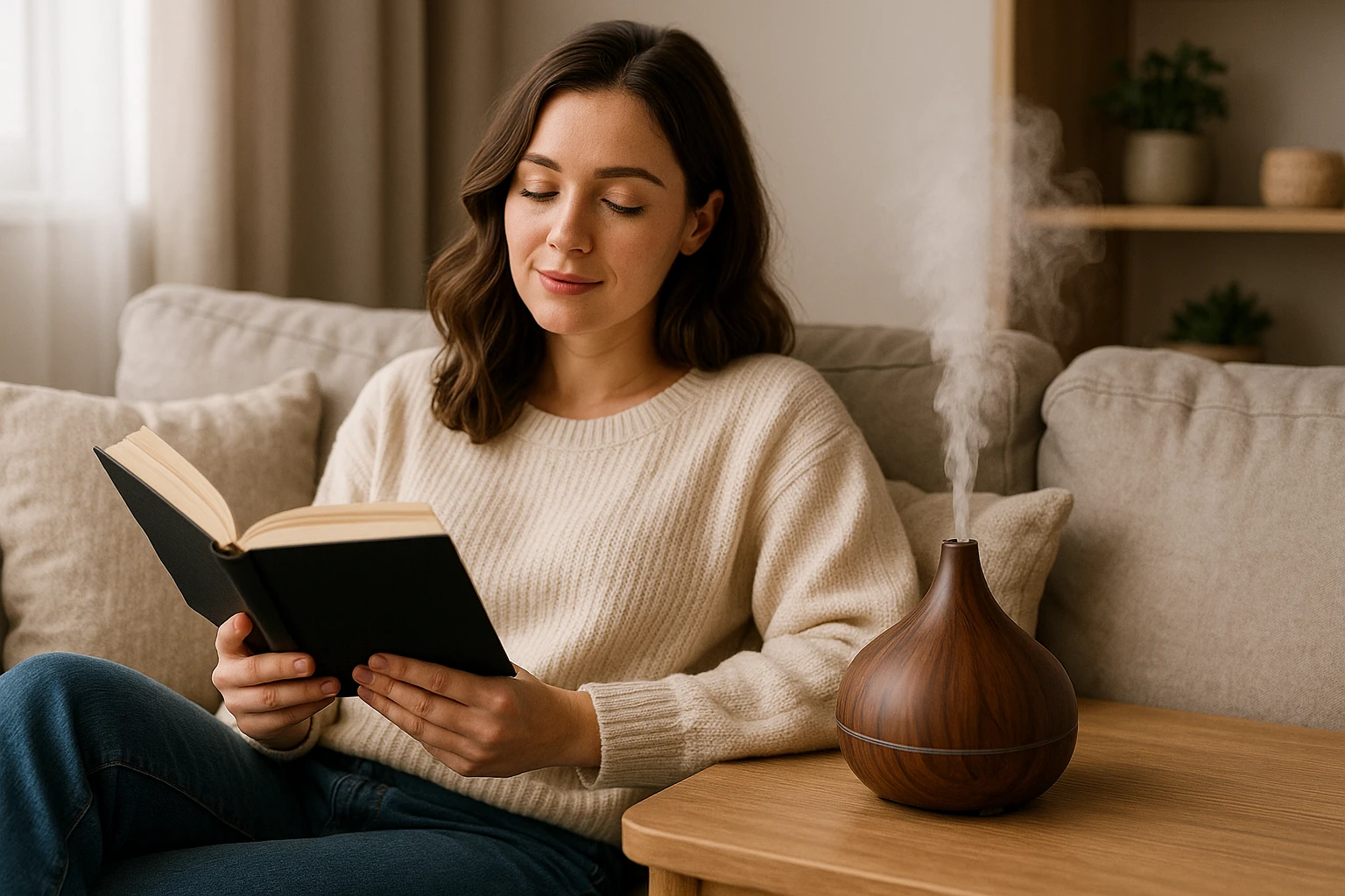 A woman relaxing on a sofa in a cosy living room while an essential oil diffuser releases a fine mist of botanical aromas.