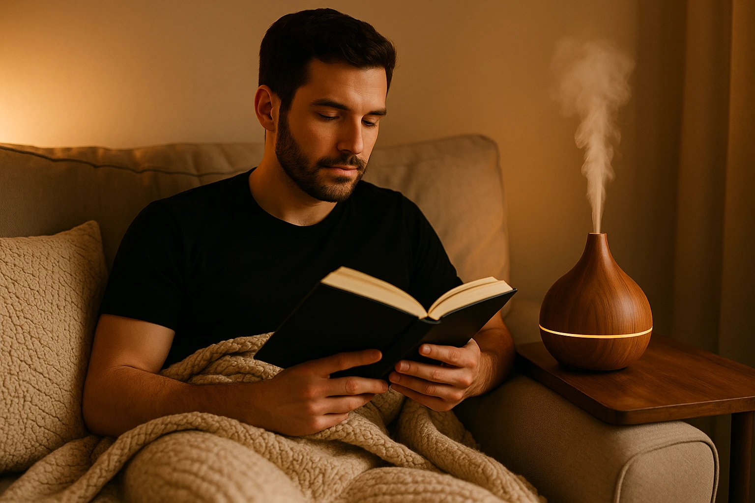 A person relaxing on a sofa with an essential oil diffuser nearby, surrounded by soft lighting and a cozy blanket.