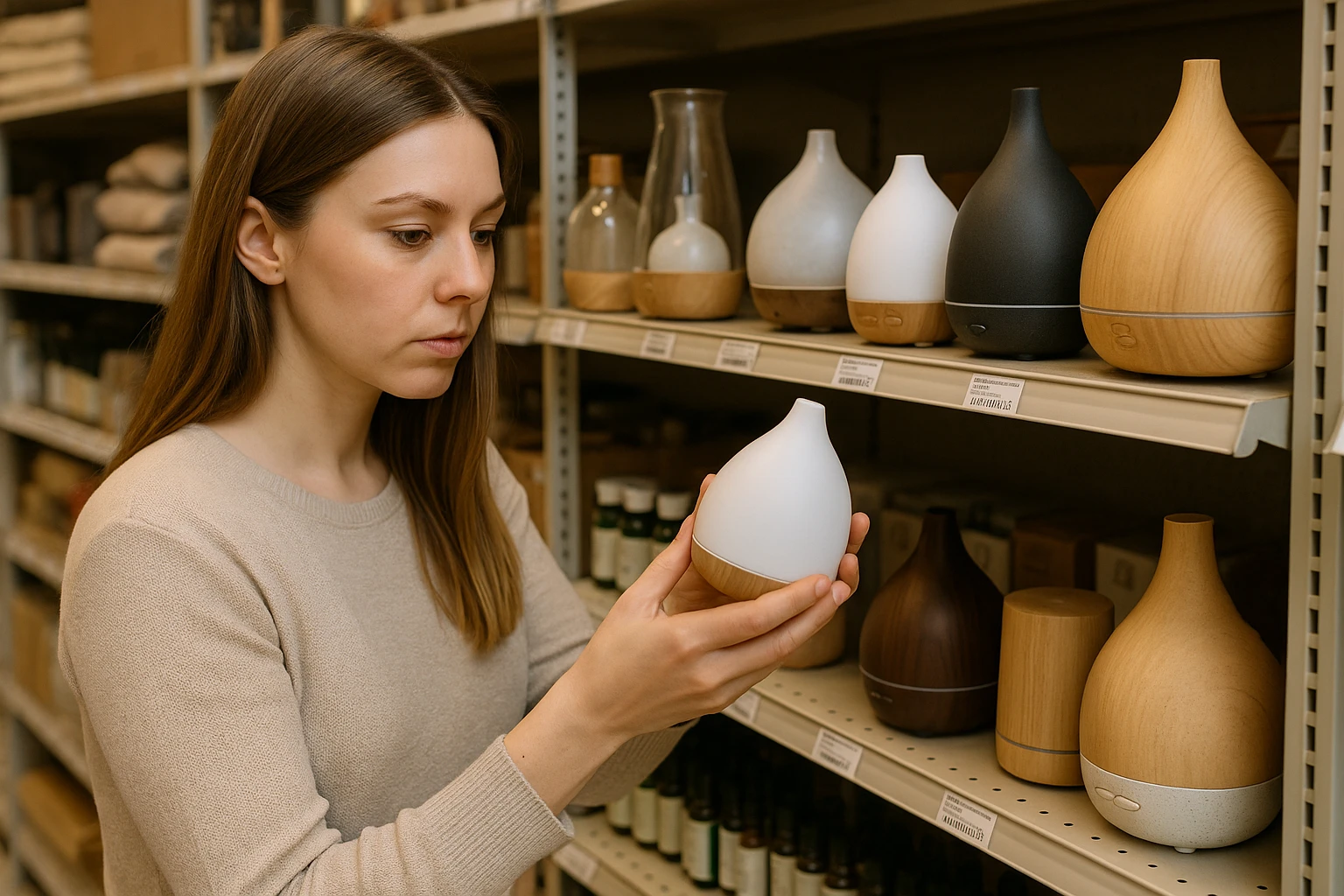A woman examining different types of essential oil diffusers on a shelf in a home goods store.
