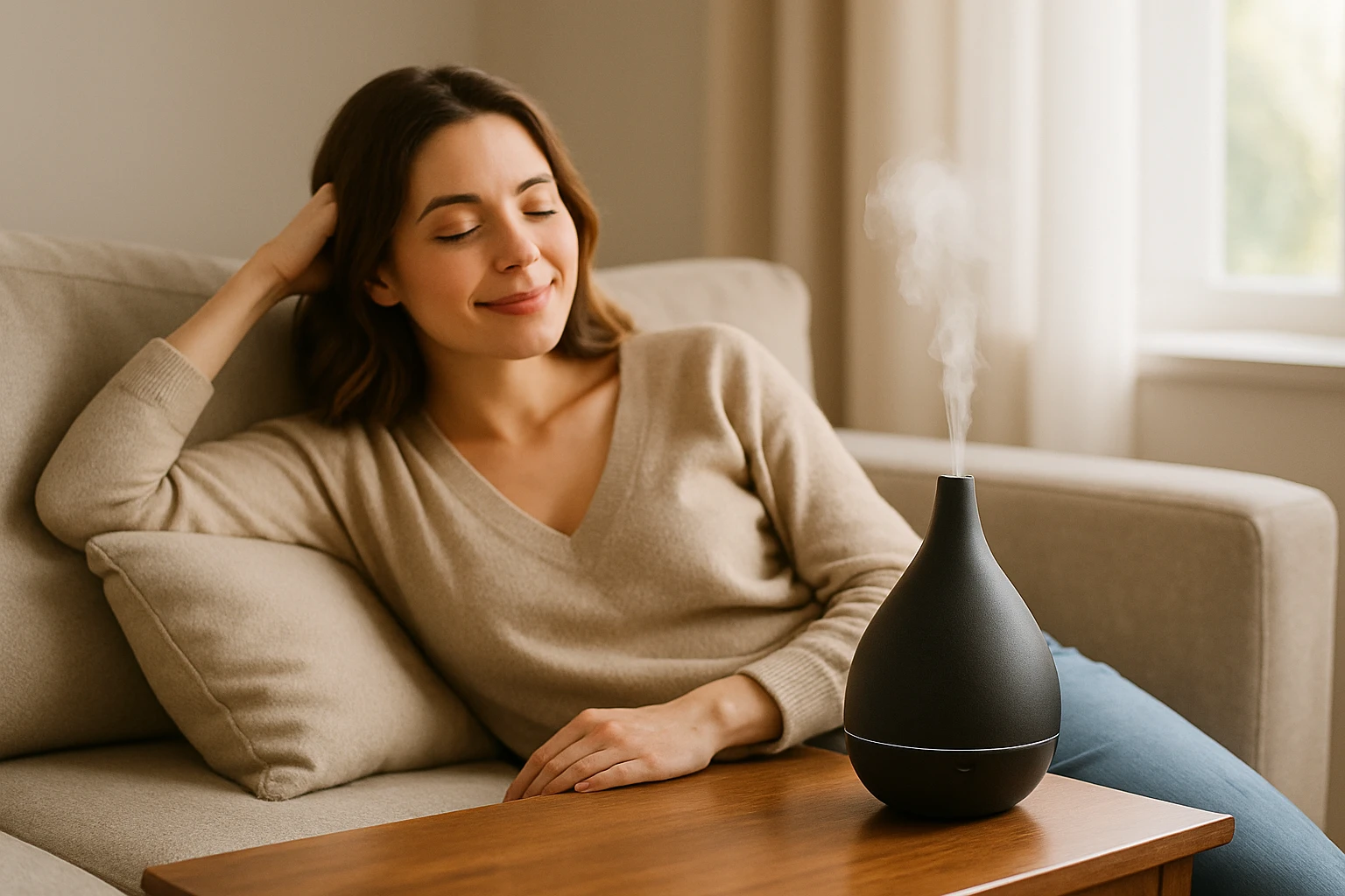 A woman relaxing on a sofa, using a sleek, modern essential oil diffuser set on a coffee table beside her, with soft light streaming through a nearby window.