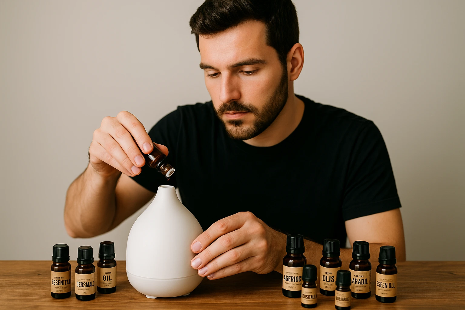 A person carefully pouring a bottle of pure essential oil into a home diffuser, surrounded by various labelled bottles of essential oils on a wooden table.