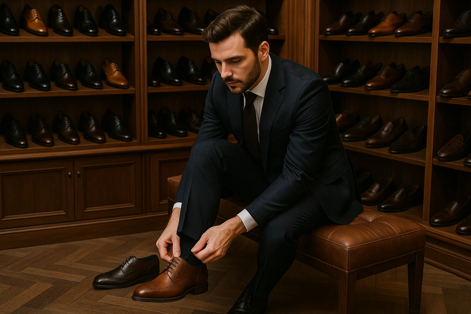 A well-dressed man trying on a pair of sleek leather brogues in a classic shoe store, surrounded by various types of men's shoes..