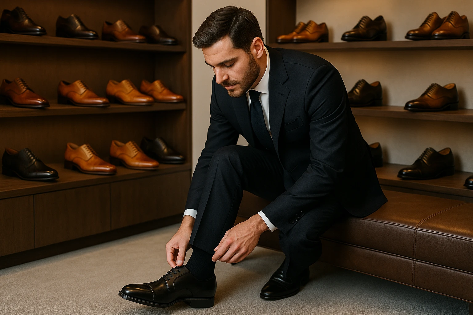 A well-dressed man trying on black leather Oxford shoes in a boutique, with various men's shoes styles displayed on shelves around him.