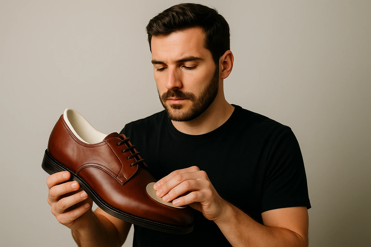 A shoe designer examining a men's leather shoe with a focus on its ergonomic insole and arch support.