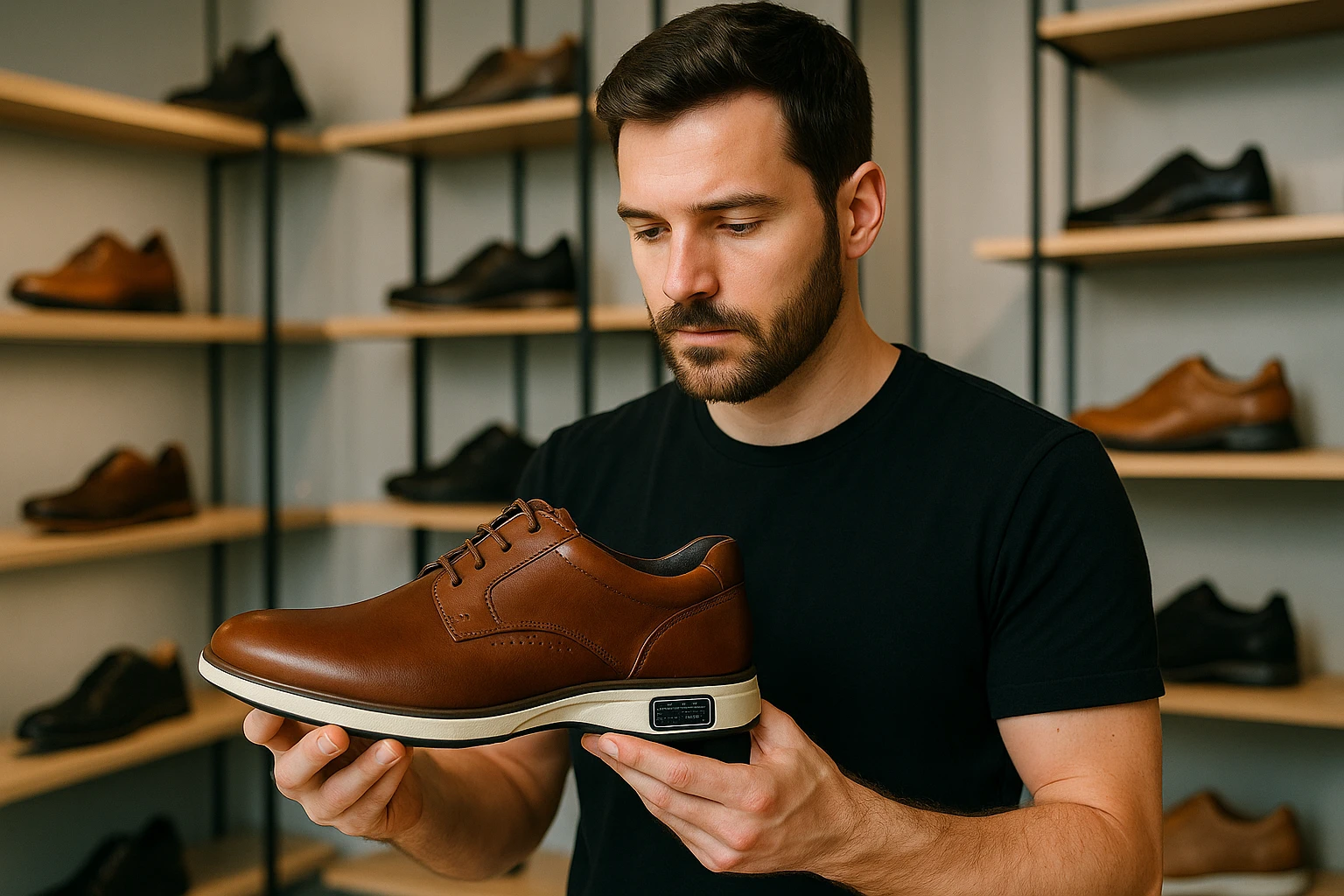 A man examining a pair of eco-friendly leather shoes with integrated smart technology in a modern shoe store.