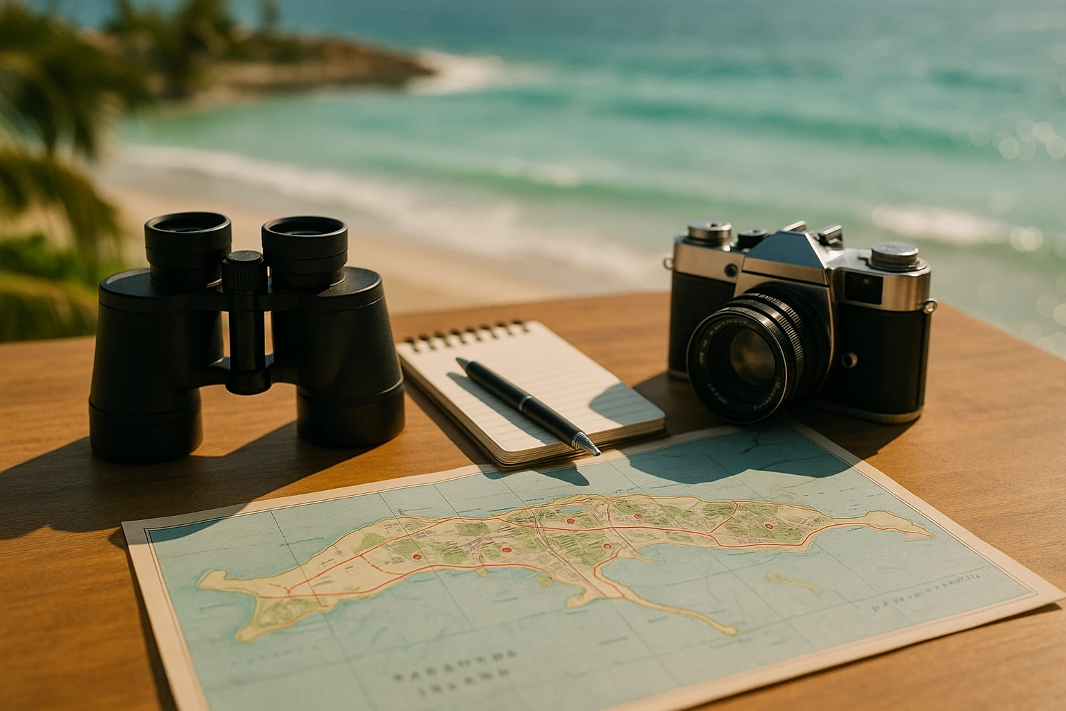 A private investigator's toolkit laid out on a table under the Bahamian sun, featuring a pair of binoculars, a notepad, a vintage camera, and a map of Paradise Island with marked locations.