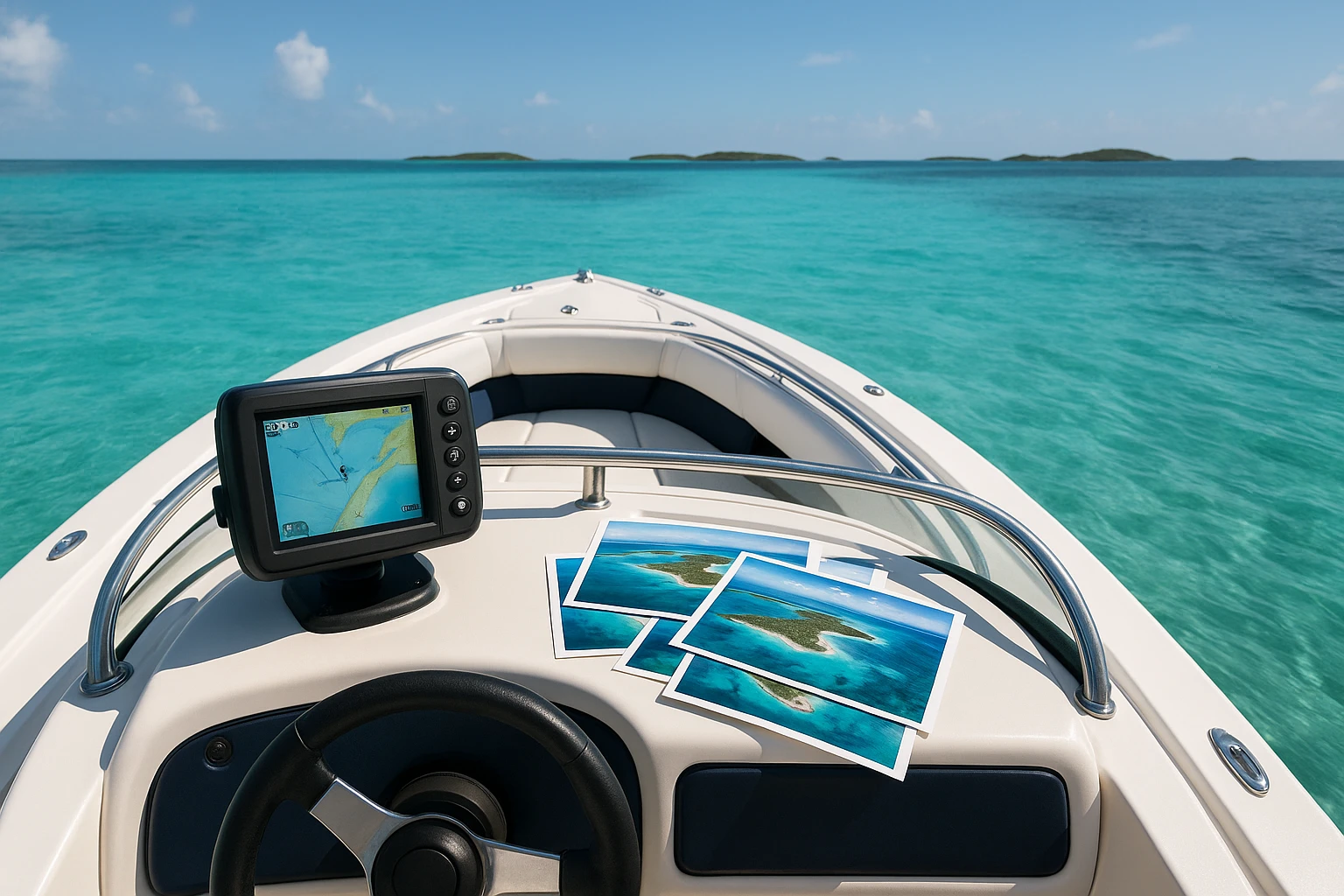 A small speedboat cruising through the crystal-clear waters of the Bahamas, with a GPS device and a stack of aerial photographs on the dashboard, set against a backdrop of distant islands.
