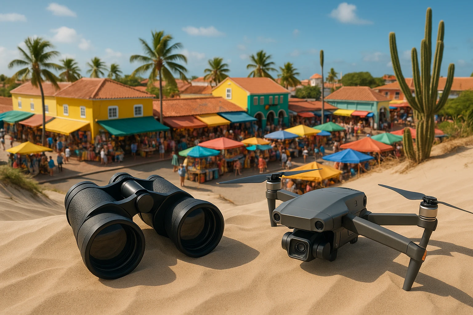 A pair of binoculars and a high-tech drone equipped with a camera sit on a sand dune overlooking a vibrant Aruban marketplace, emphasizing modern surveillance techniques in an outdoor setting.