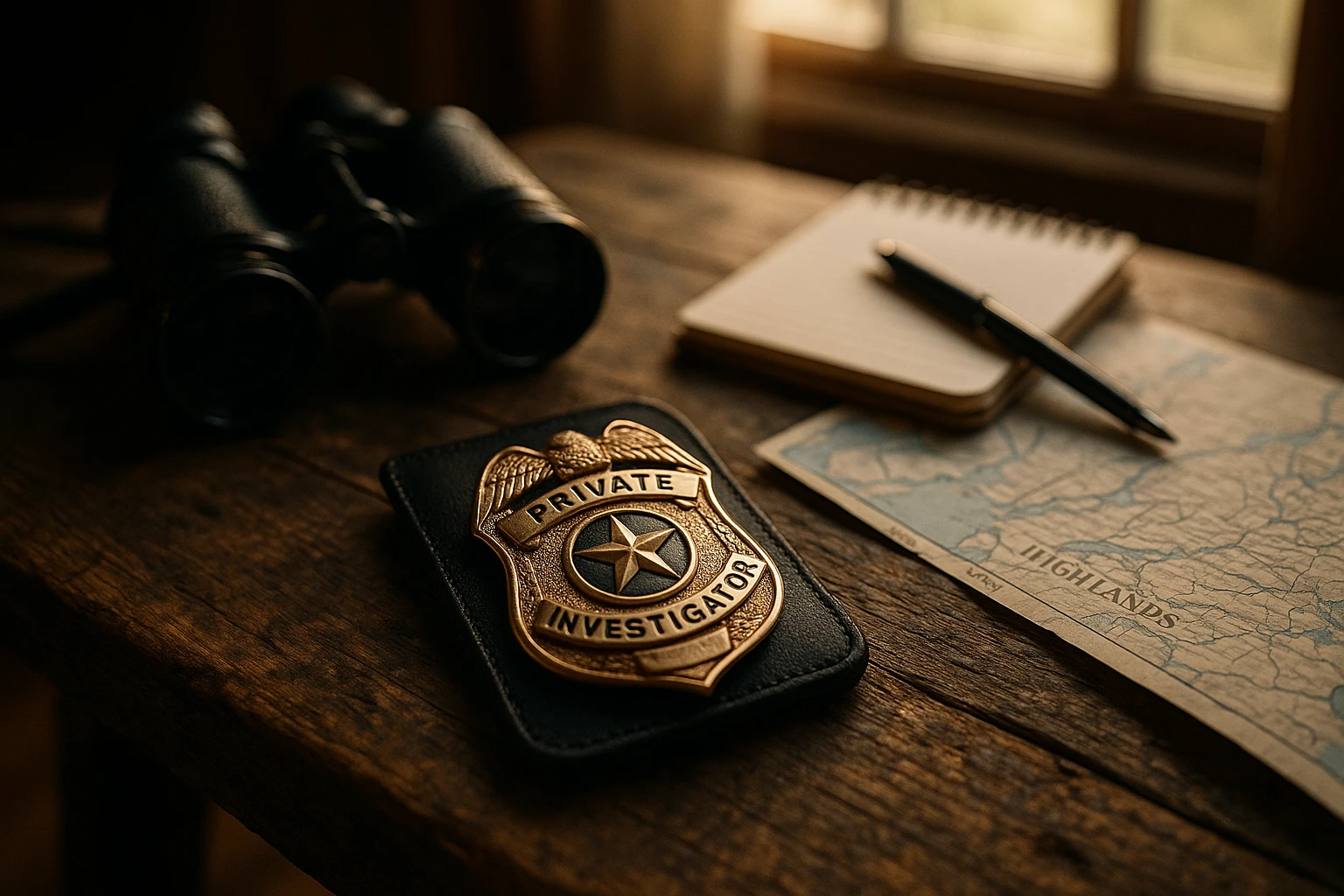 A private investigator's badge lies on a rustic wooden table amidst a collection of tools like binoculars, a notepad, and a map of the Highlands area, surrounded by the soft morning light streaming through a cabin window.