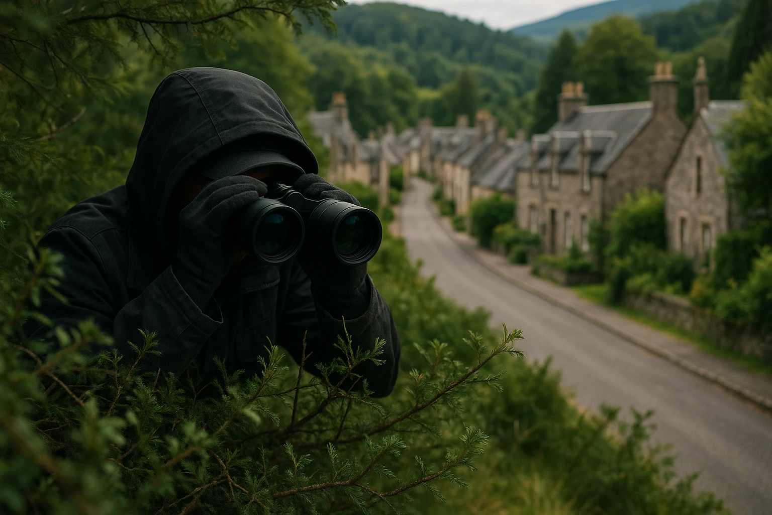 A shadowy figure peers through telescopic lenses from behind a dense thicket, with a distant view of a quaint Highlands street lined with historic buildings and surrounded by lush greenery.