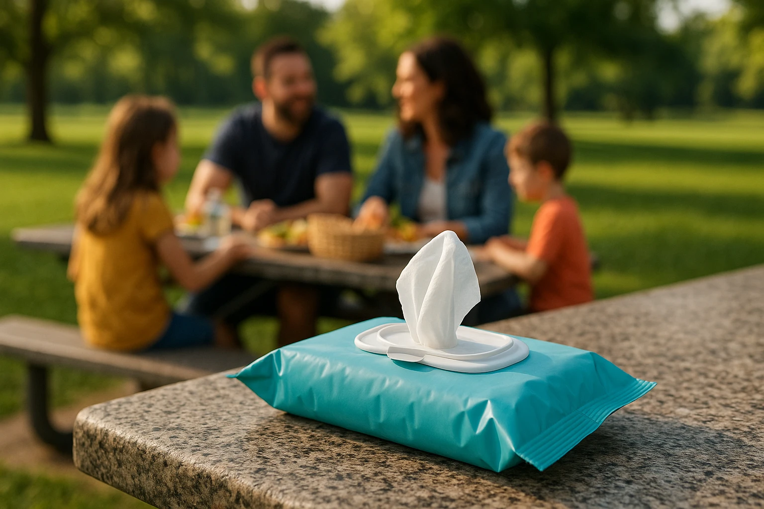 A small pack of sanitizing hand wipes resting atop a granite outdoor picnic table, with a lush park landscape in the background and a family enjoying a picnic nearby, demonstrating the practicality and accessibility of these wipes in everyday life.