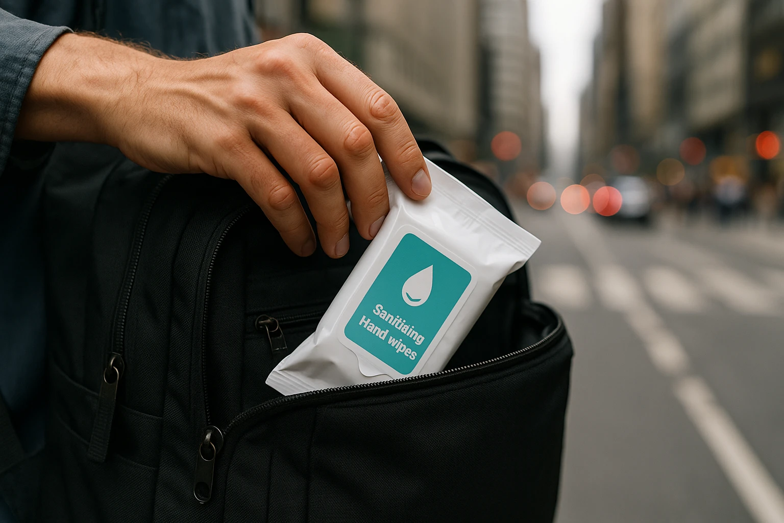 A close-up of a hand reaching into a backpack to grab a pack of sanitizing hand wipes, with a bustling city street visible in the blurred background, emphasizing the practicality and portability of the wipes for urban commutes.
