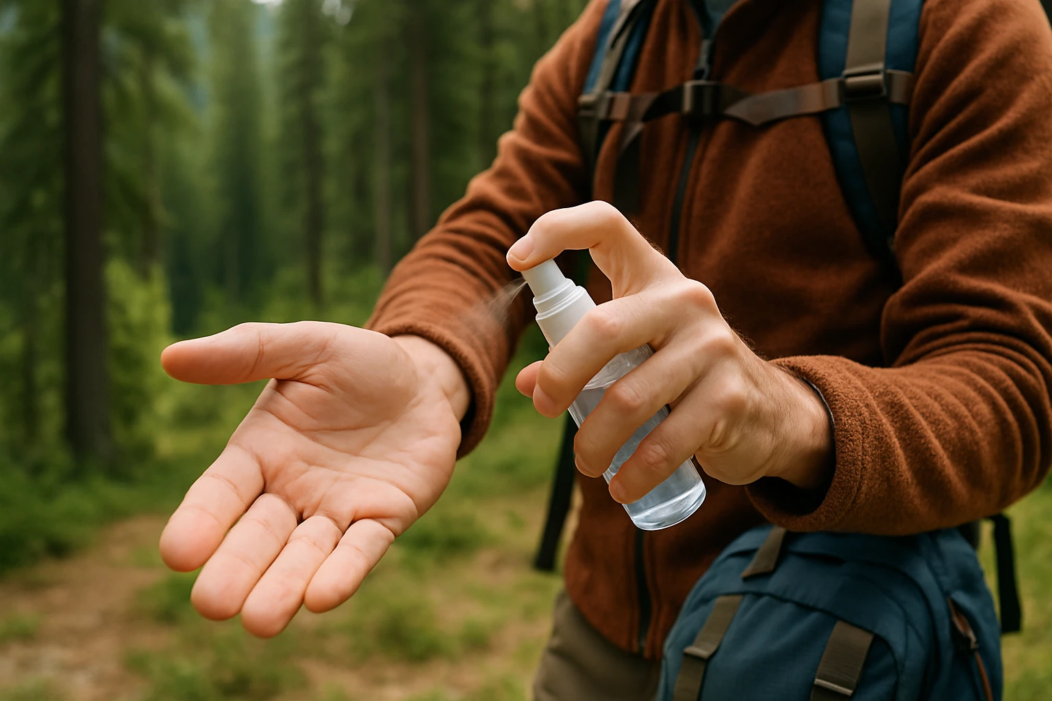 A close-up of a hiker's hand using a portable hand sanitizer spray bottle, with a scenic forest backdrop and a backpack in the background.