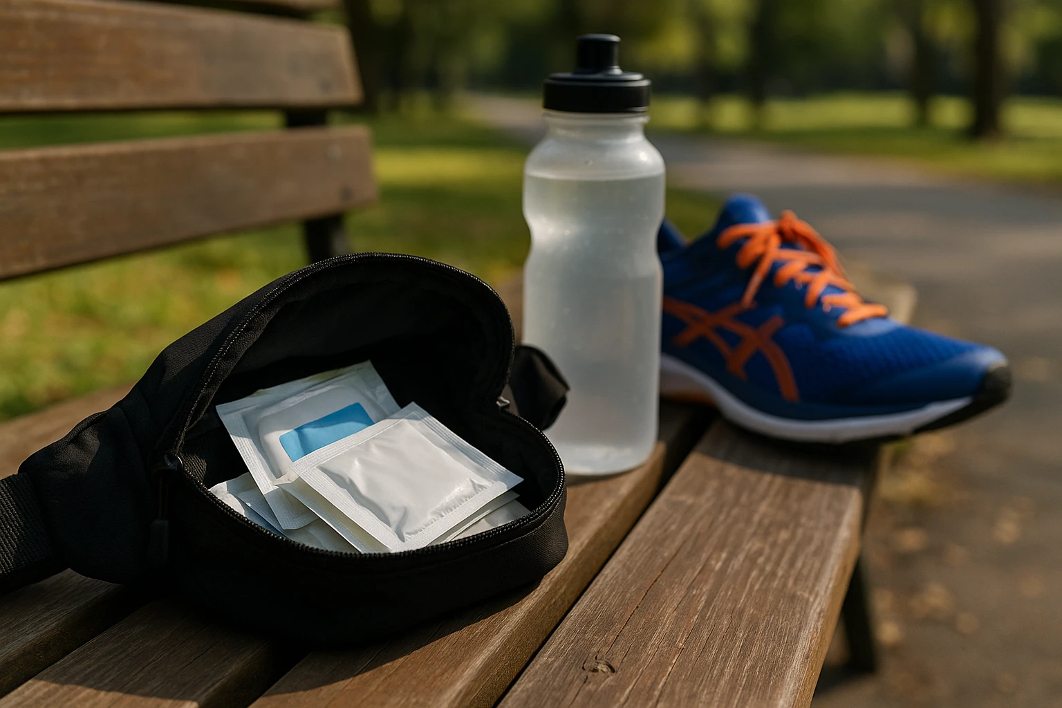 A runner's waist pack open on a park bench, revealing a pack of individually wrapped hand sanitizer wipes, with a water bottle and running shoes nearby.