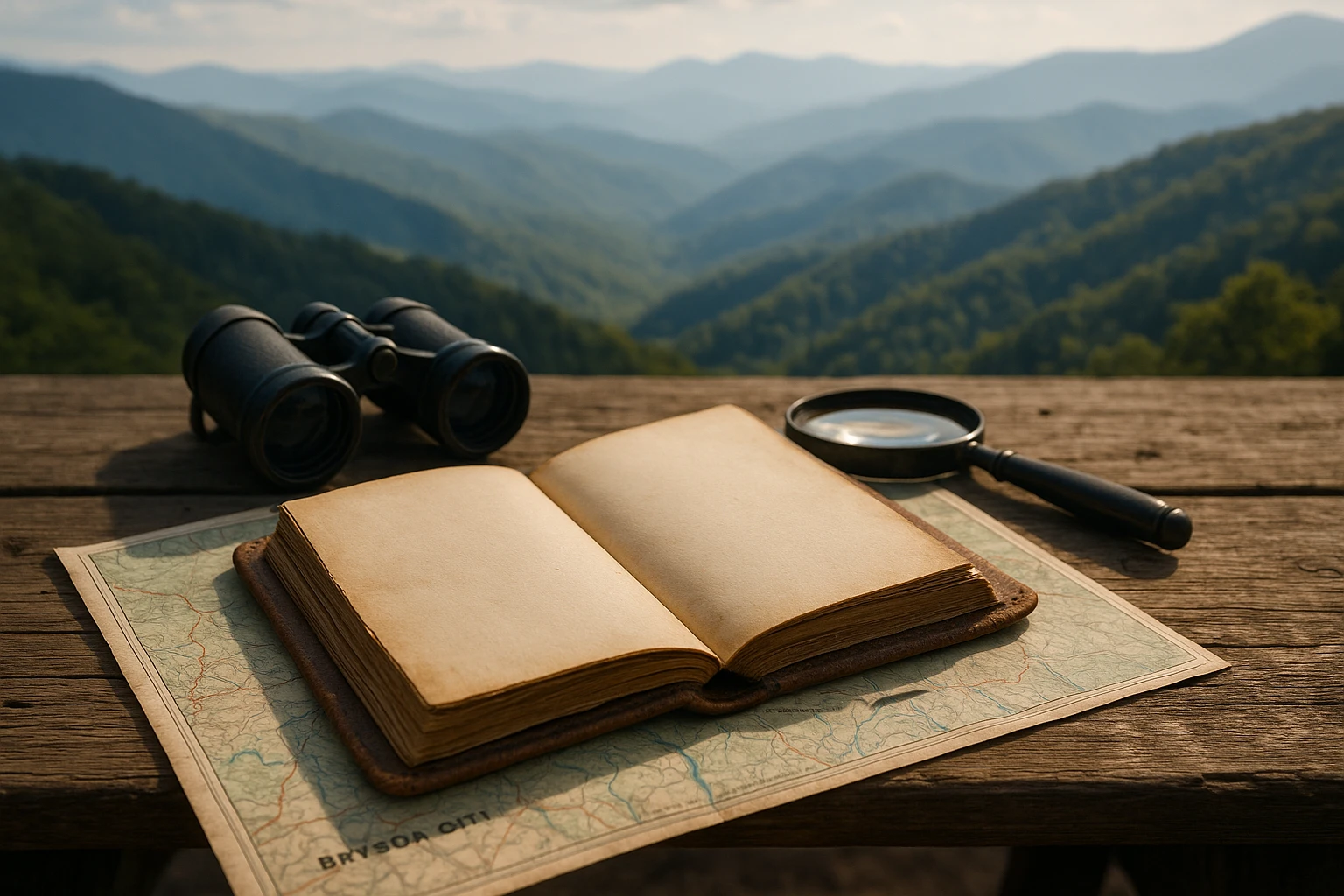 A weathered leather notebook lying open on a rustic wooden table, surrounded by binoculars, a map of Bryson City, and a magnifying glass, set against the backdrop of the Great Smoky Mountains.