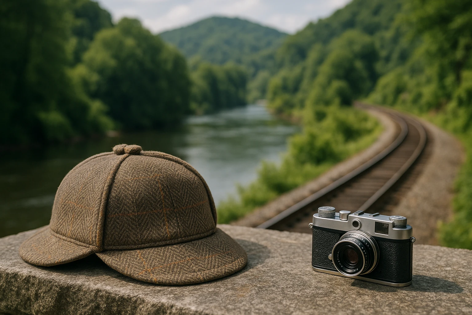 A classic detective hat and a small, vintage camera resting on a stone bench along the Tuckasegee River, with the scenic backdrop of Bryson City’s historic train tracks winding through the lush, green landscape.