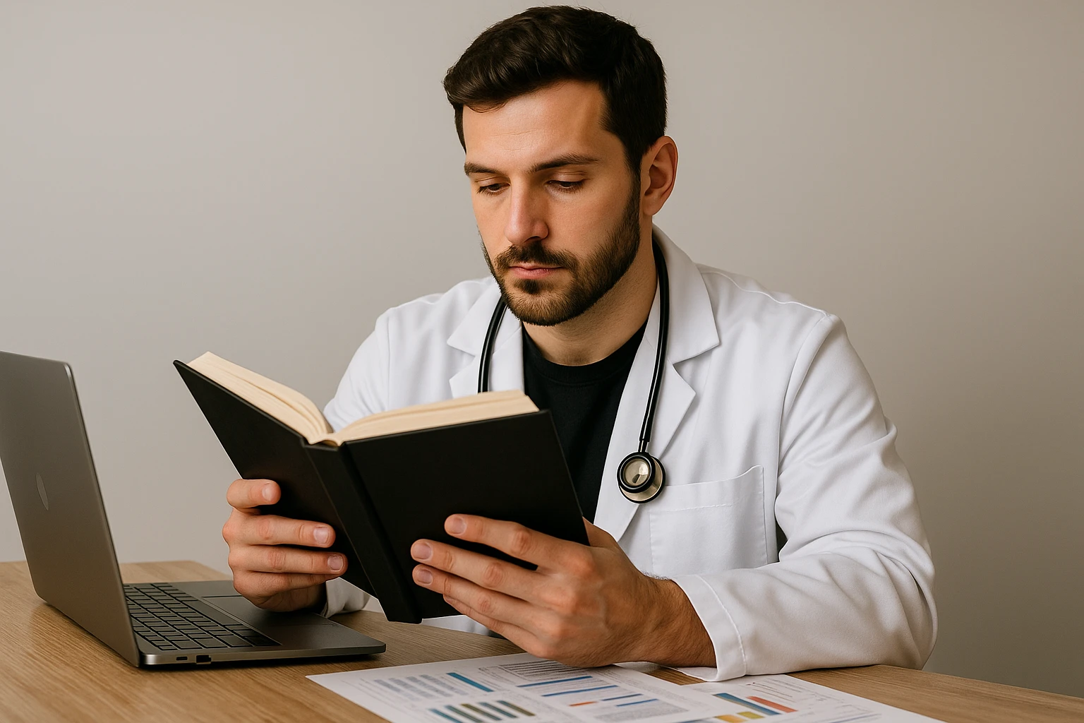 A clinician sitting at a desk reviewing a patient file with a laptop and medical charts.