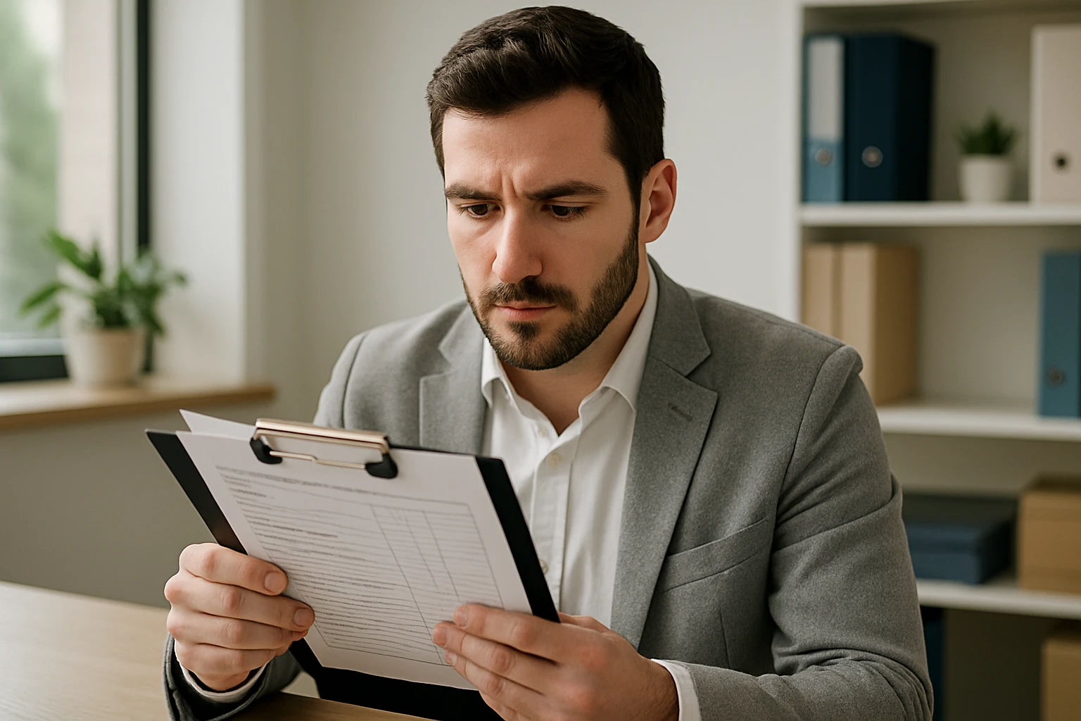 A clinician reviewing a patient's mental health assessment forms with a focused expression in a well-lit office.