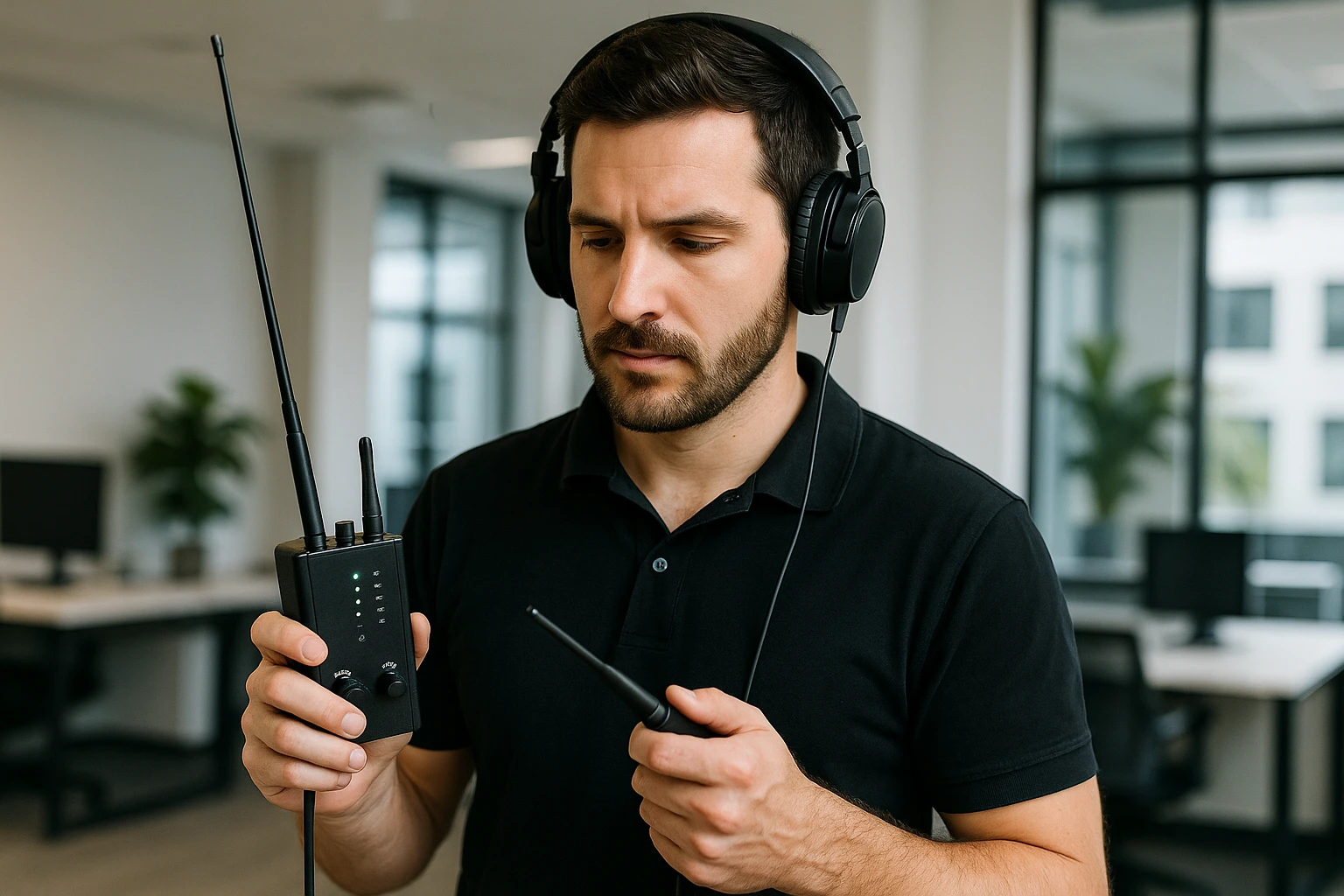 A technician conducting a bug sweep in a Sarasota office with specialized equipment and headphones.