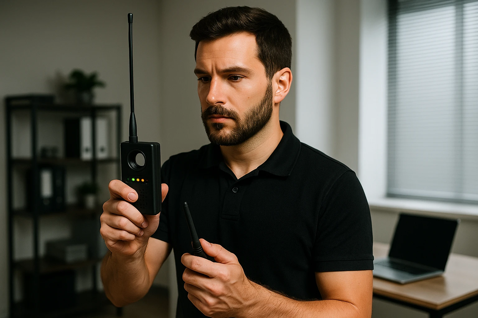 A security professional examining an office room with a handheld bug detector and laptop nearby.
