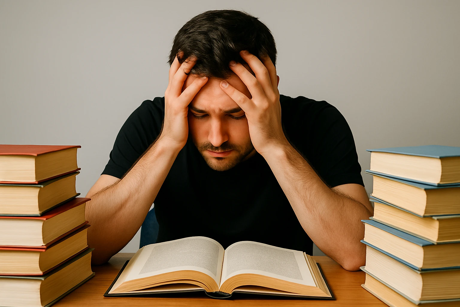 A college student sitting alone at a desk filled with textbooks, looking overwhelmed with their head in their hands.