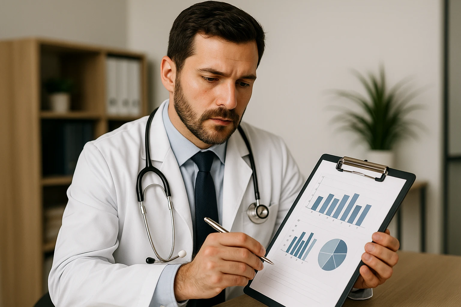 A doctor reviewing a patient's mental health assessment with charts and a clipboard in an office setting.