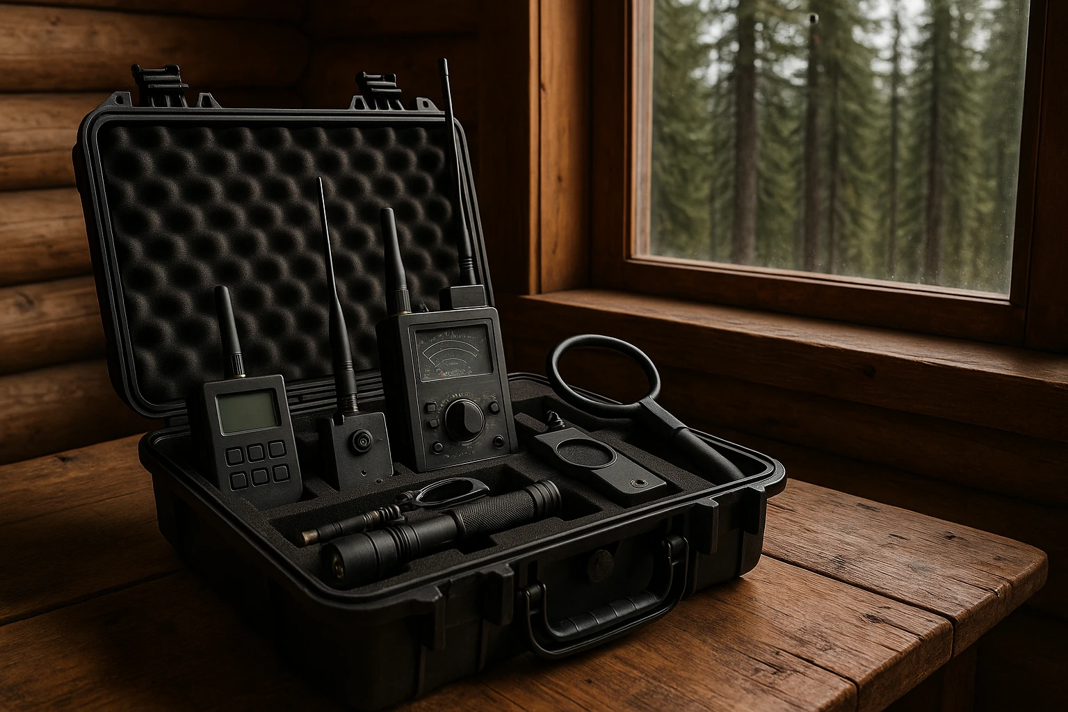A close-up of a TSCM tool kit lying open on a wooden table in a rustic Alaskan cabin, featuring various detection devices with a view of dense pine trees visible through the window.