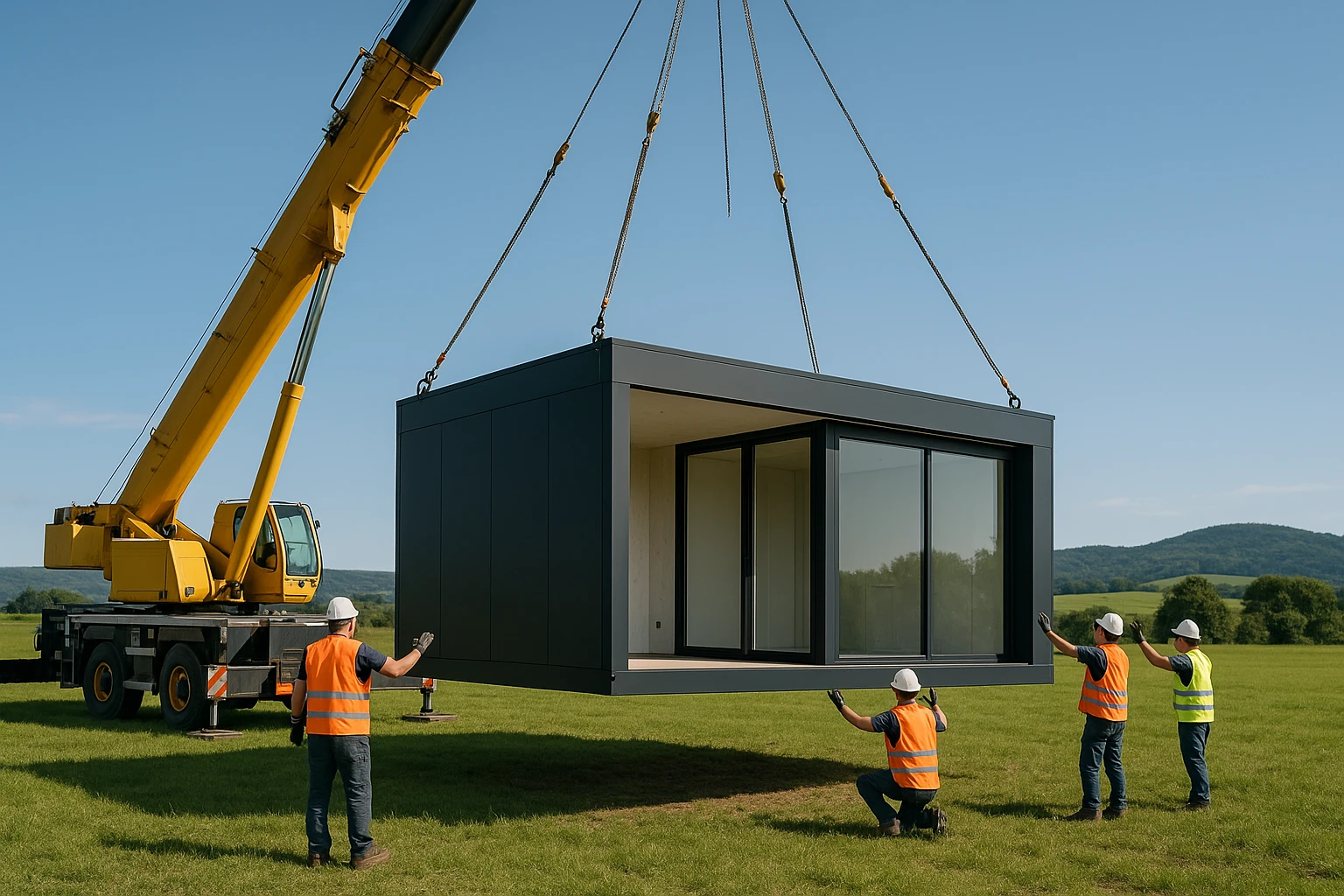 A crane carefully lowers a sleek modular building section onto an open grassy field, while workers in hard hats guide it into place, with a backdrop of rolling hills and a clear blue sky.