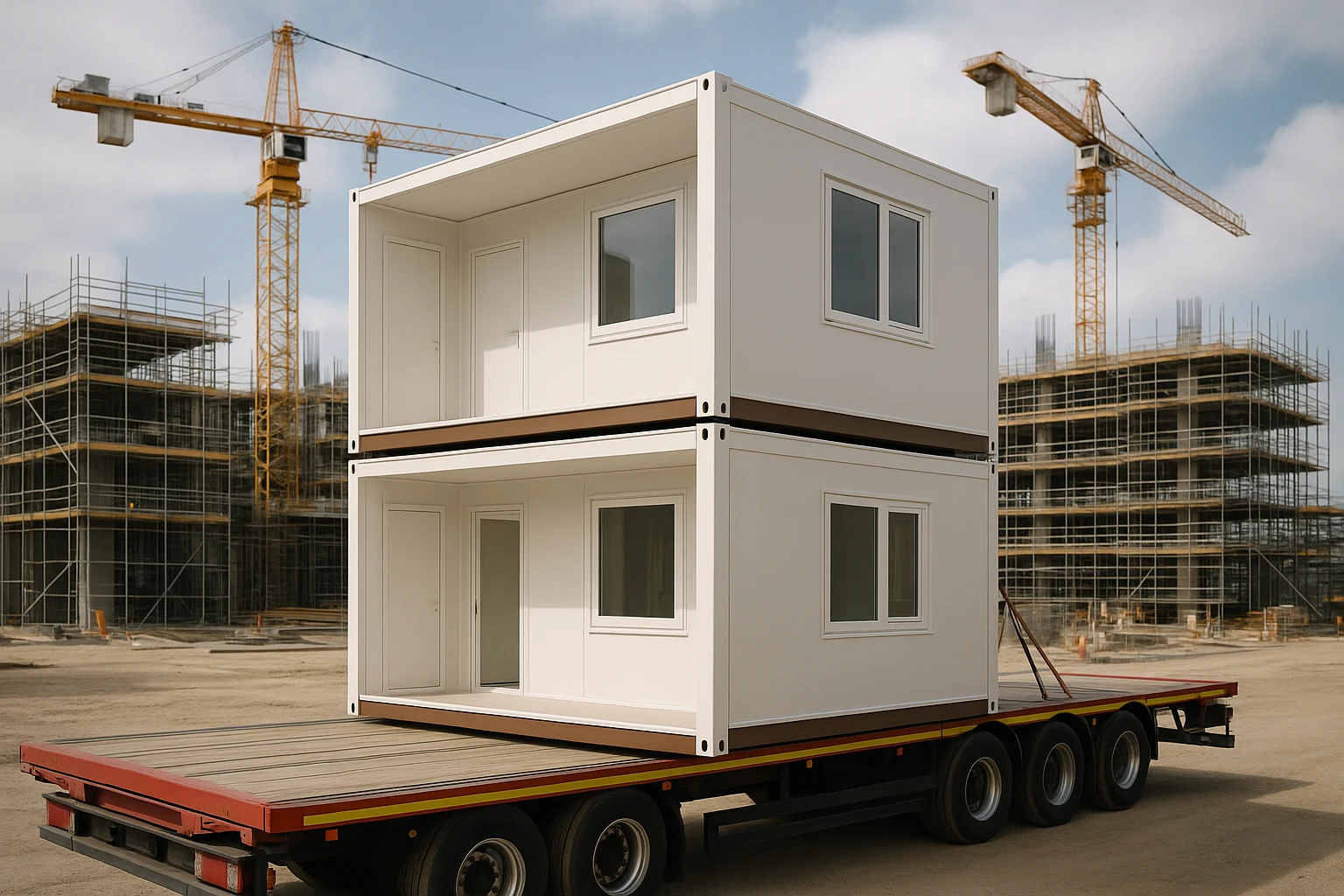 Stacked modular building sections rest on a flatbed truck beside a bustling construction site, with cranes and scaffolding in the background under a partially cloudy sky.