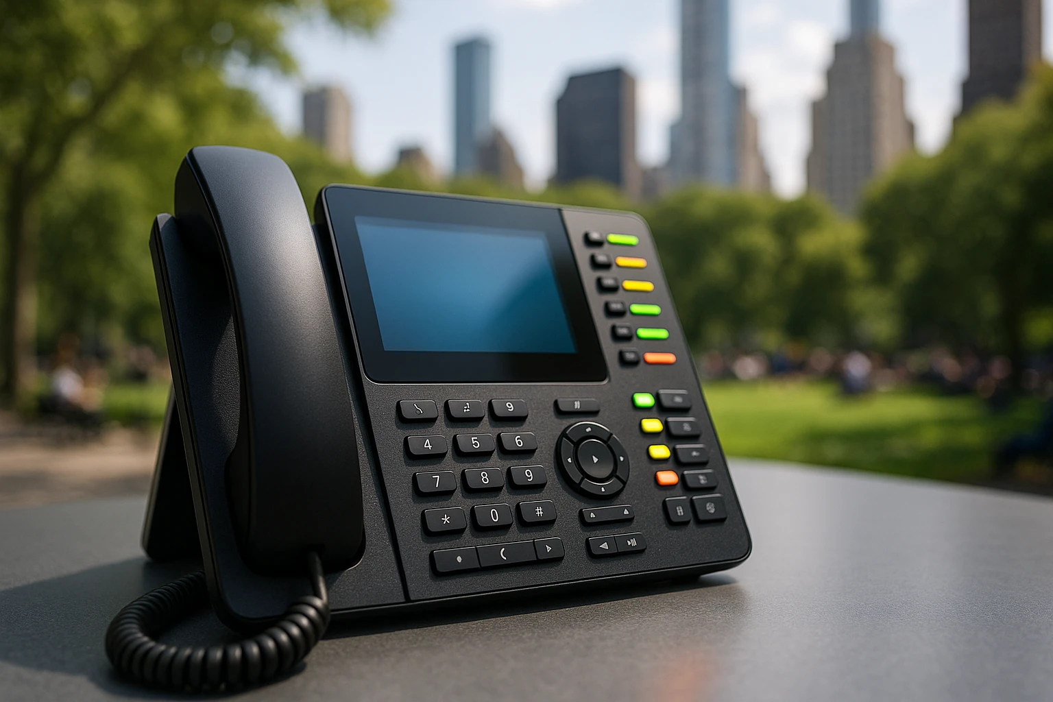 A close-up of a modern digital phone system with sleek touchscreens and colorful indicator lights, set outdoors on a table in a bustling city park, with blurred skyscrapers in the background.